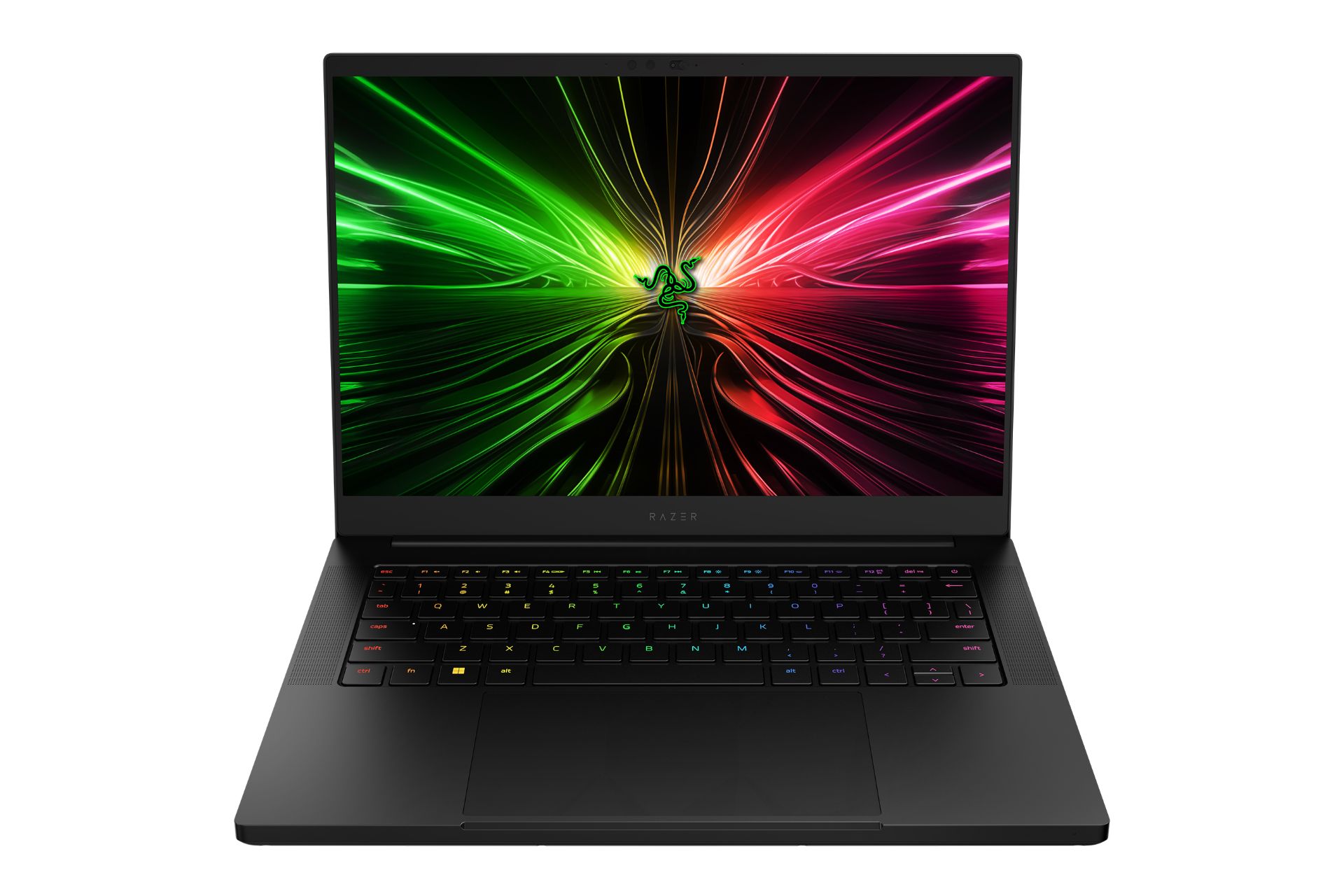 نمای جلوی لپ تاپ بلید 14 ریزر با نمایشگر روشن و نمایش کیبورد رنگ مشکی