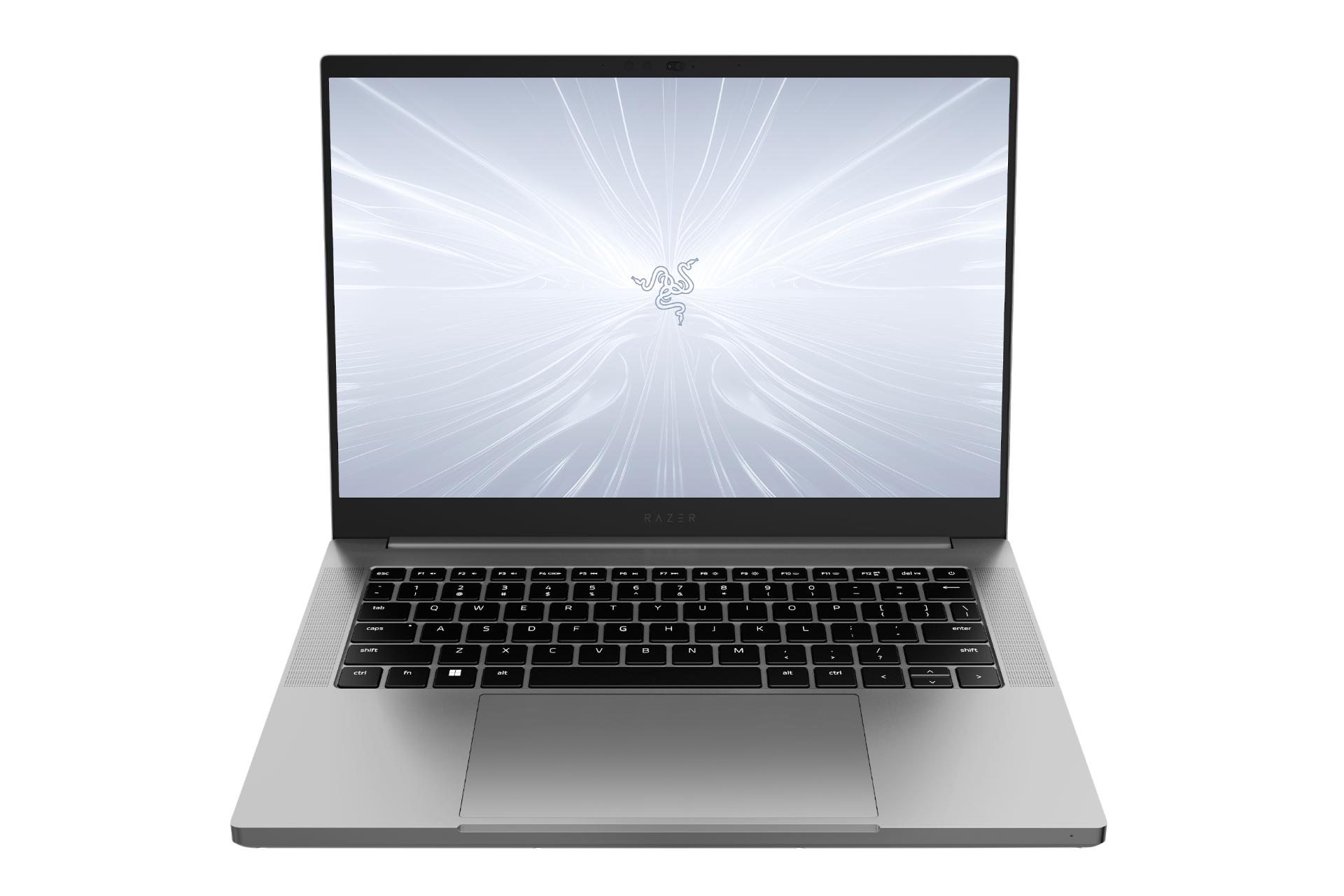 نمای جلوی لپ تاپ بلید 14 ریزر با نمایشگر روشن و نمایش کیبورد رنگ خاکستری