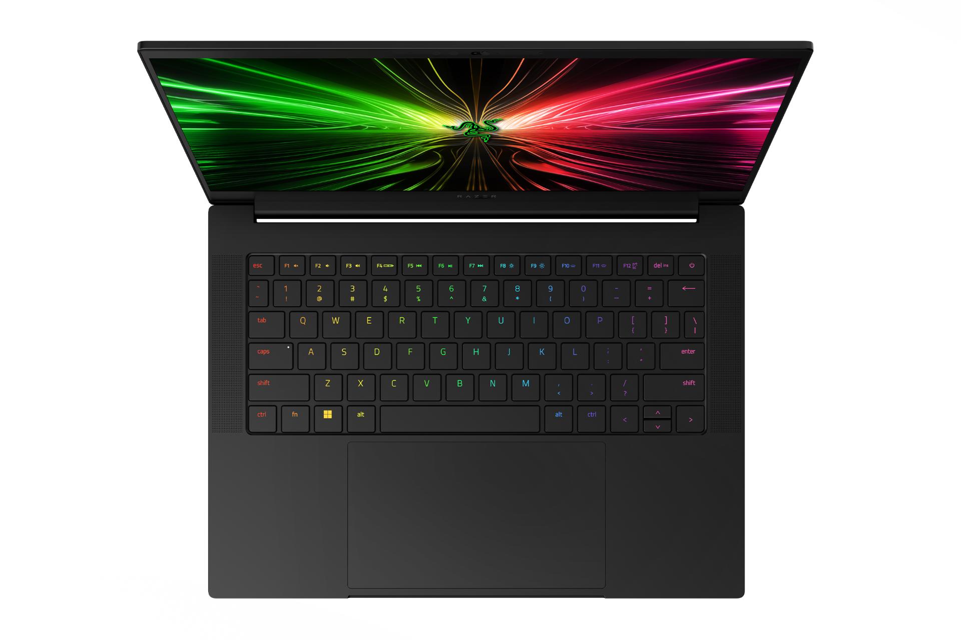 نمای بالای لپ تاپ بلید 14 ریزر با تمرکز روی ترک‌پد و نورپردازی کیبورد رنگ مشکی