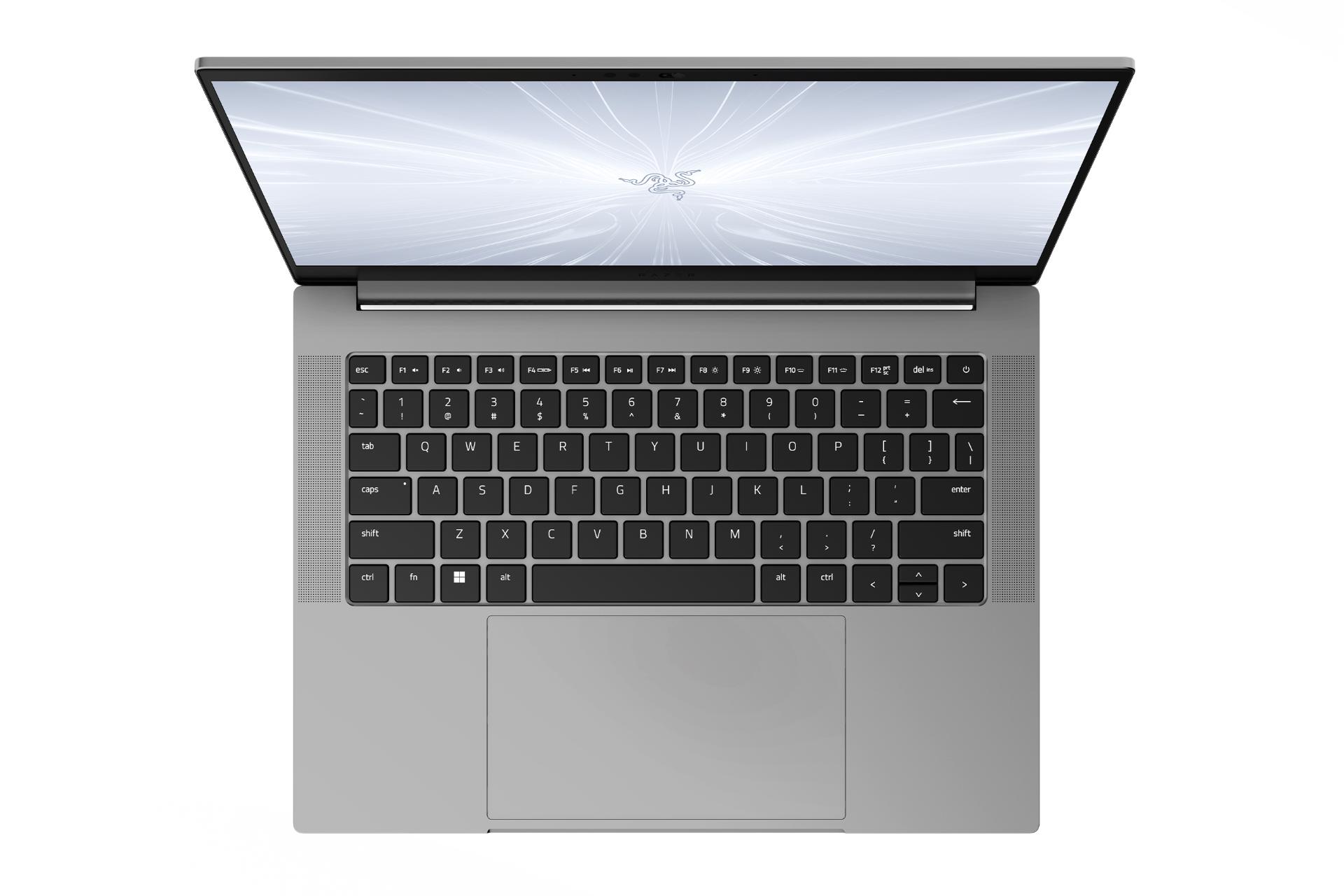 نمای بالای لپ تاپ بلید 14 ریزر با تمرکز روی ترک‌پد و نورپردازی کیبورد رنگ خاکستری