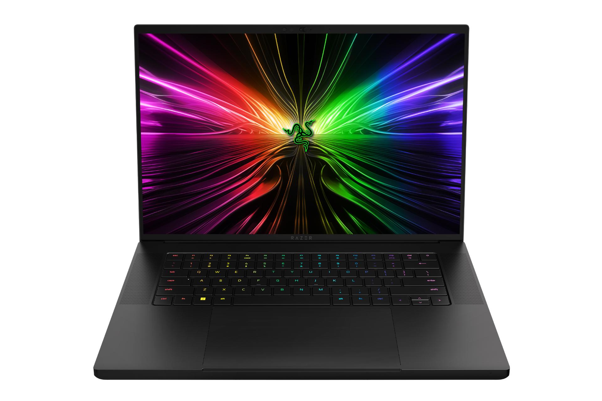 نمای جلوی لپ تاپ بلید 16 ریزر با نمایشگر روشن و نمایش کیبورد رنگ مشکی