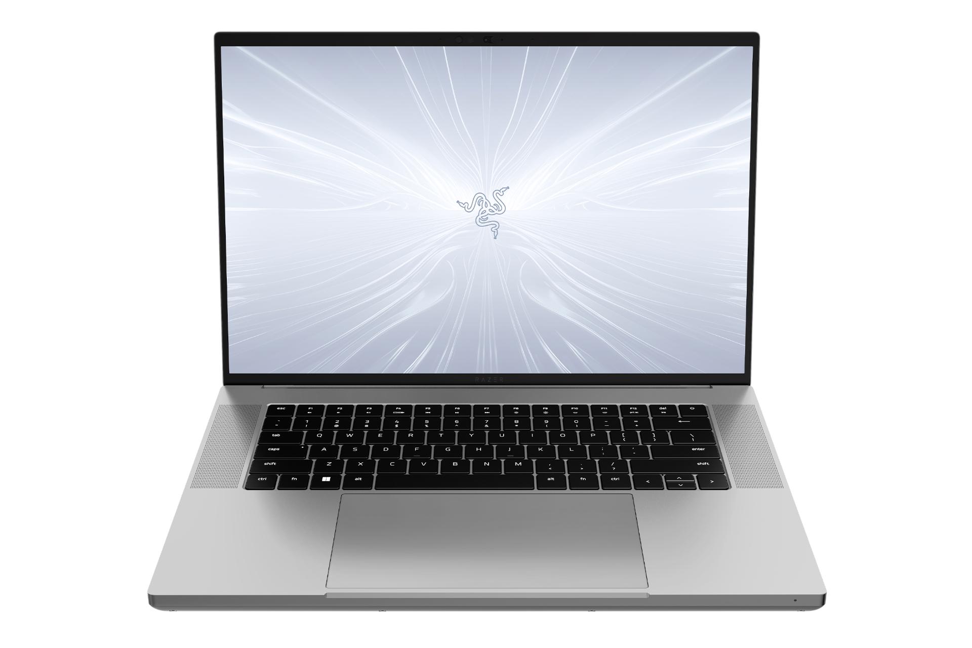 نمای جلوی لپ تاپ بلید 16 ریزر با نمایشگر روشن و نمایش کیبورد رنگ خاکستری