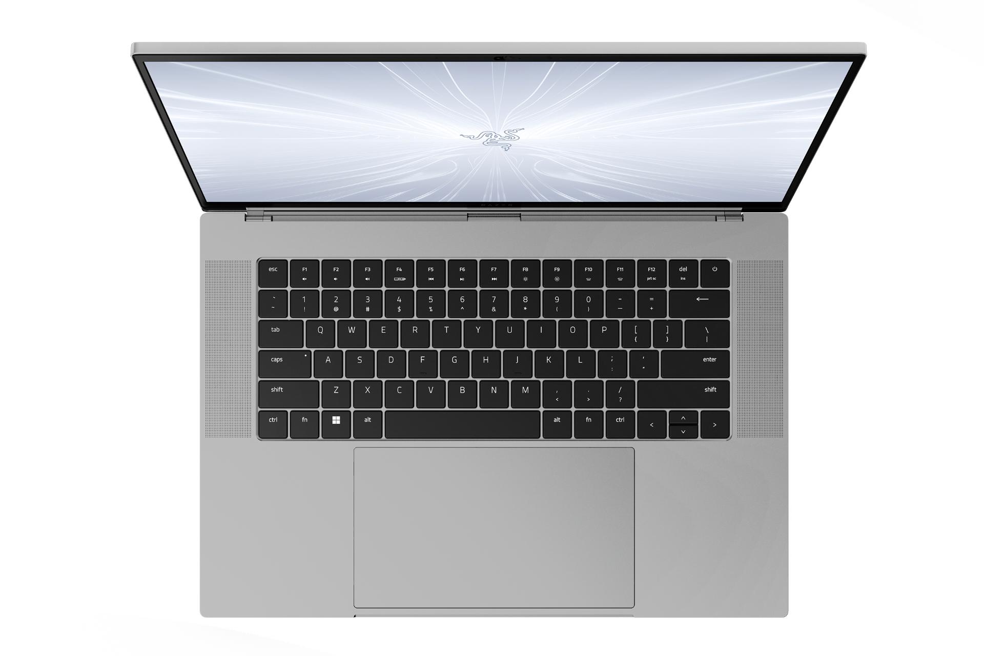 نمای بالای لپ تاپ بلید 16 ریزر با تمرکز روی ترک‌پد و نورپردازی کیبورد رنگ خاکستری