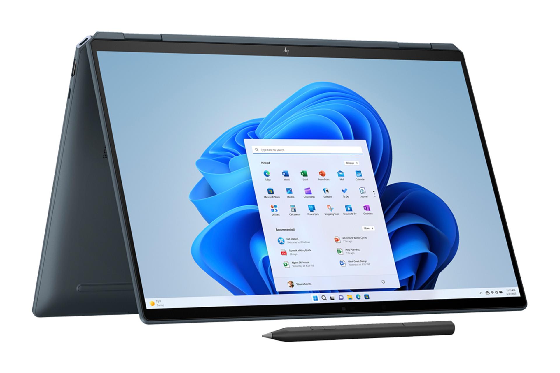 نمای نمایشگر لپ تاپ اسپکتر x360 16-aa0047nr اچ پی و نمایش حالت ایستاده به همراه قلم
