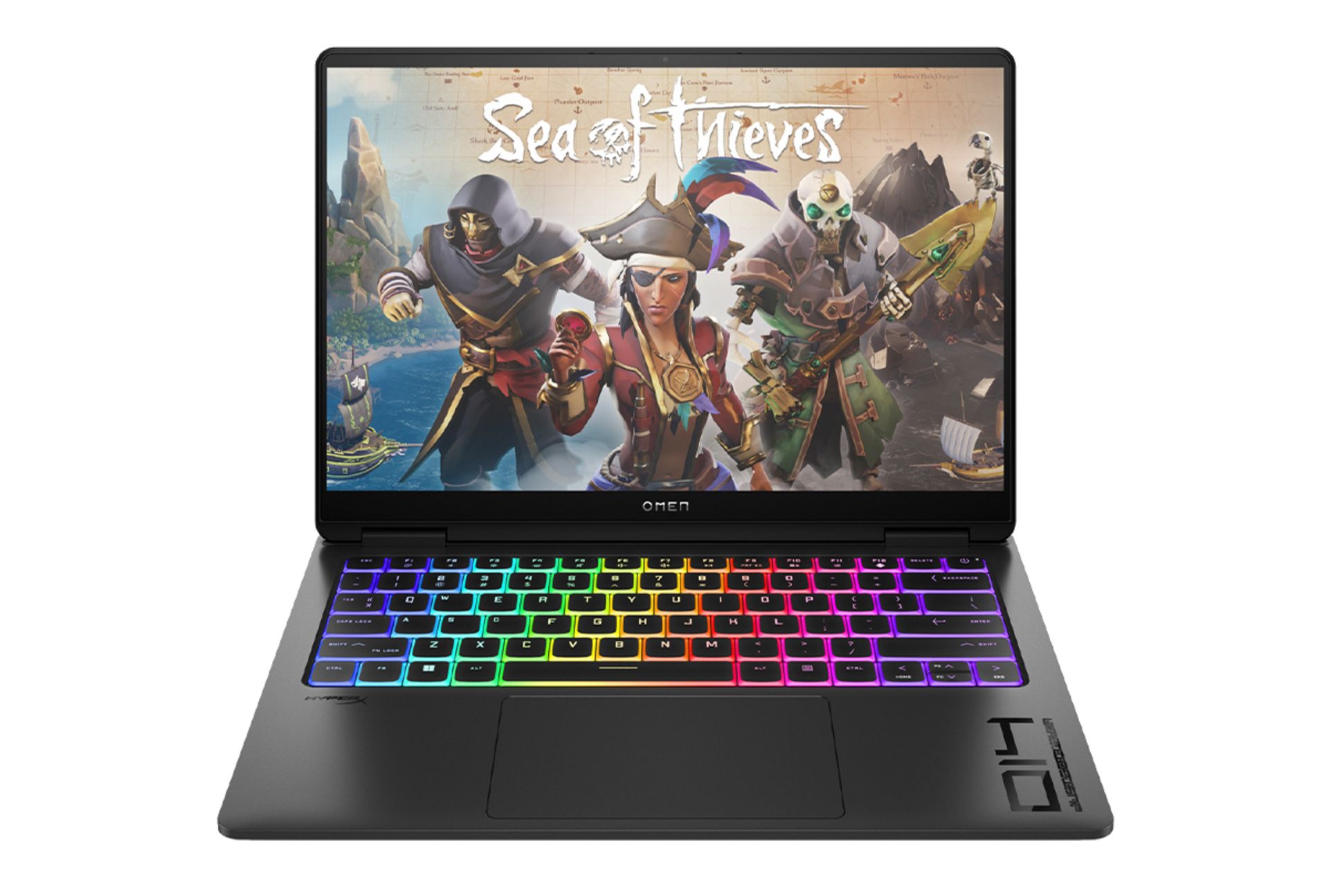 نمای روبه‌روی لپ تاپ OMEN Transcend 14-fb0097nr اچ پی با نمایشگر روشن و نمایش ترک‌پد و نورپردازی کیبورد