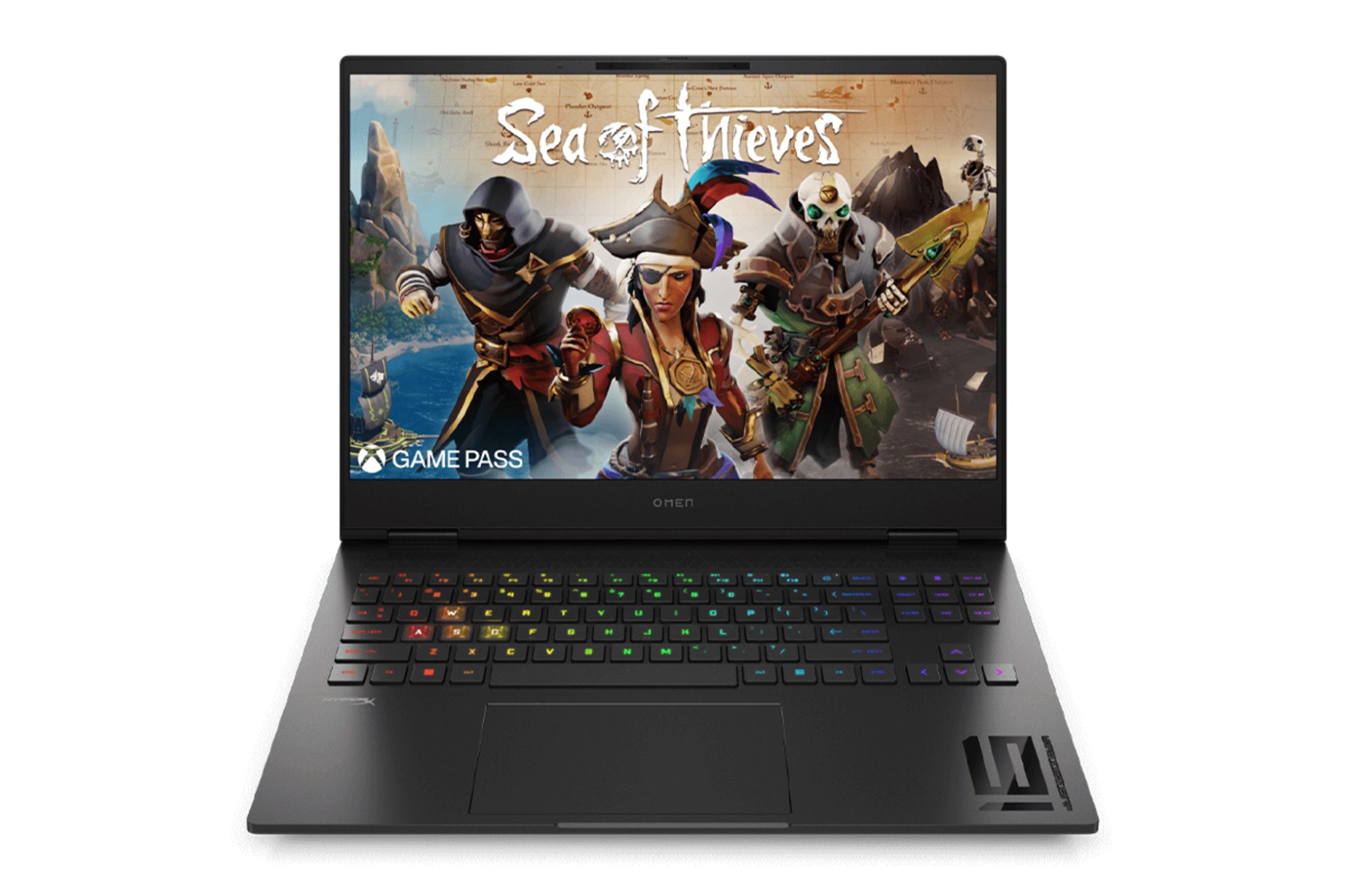 نمای روبه‌روی لپ تاپ OMEN Transcend 16 اچ پی با نمایشگر روشن و نمایش ترک‌پد و نورپردازی کیبورد رنگ مشکی