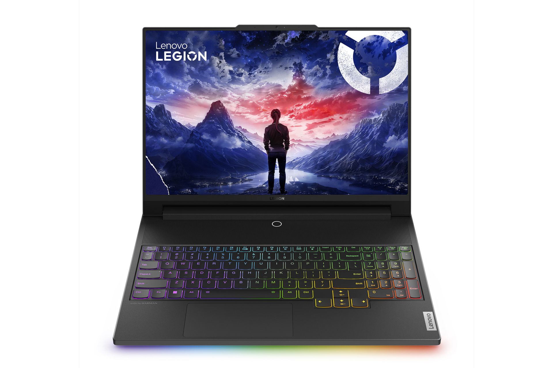 نمای روبه‌روی لپ تاپ Legion 9i لنوو با نمایشگر روشن و نمایش نورپردازی