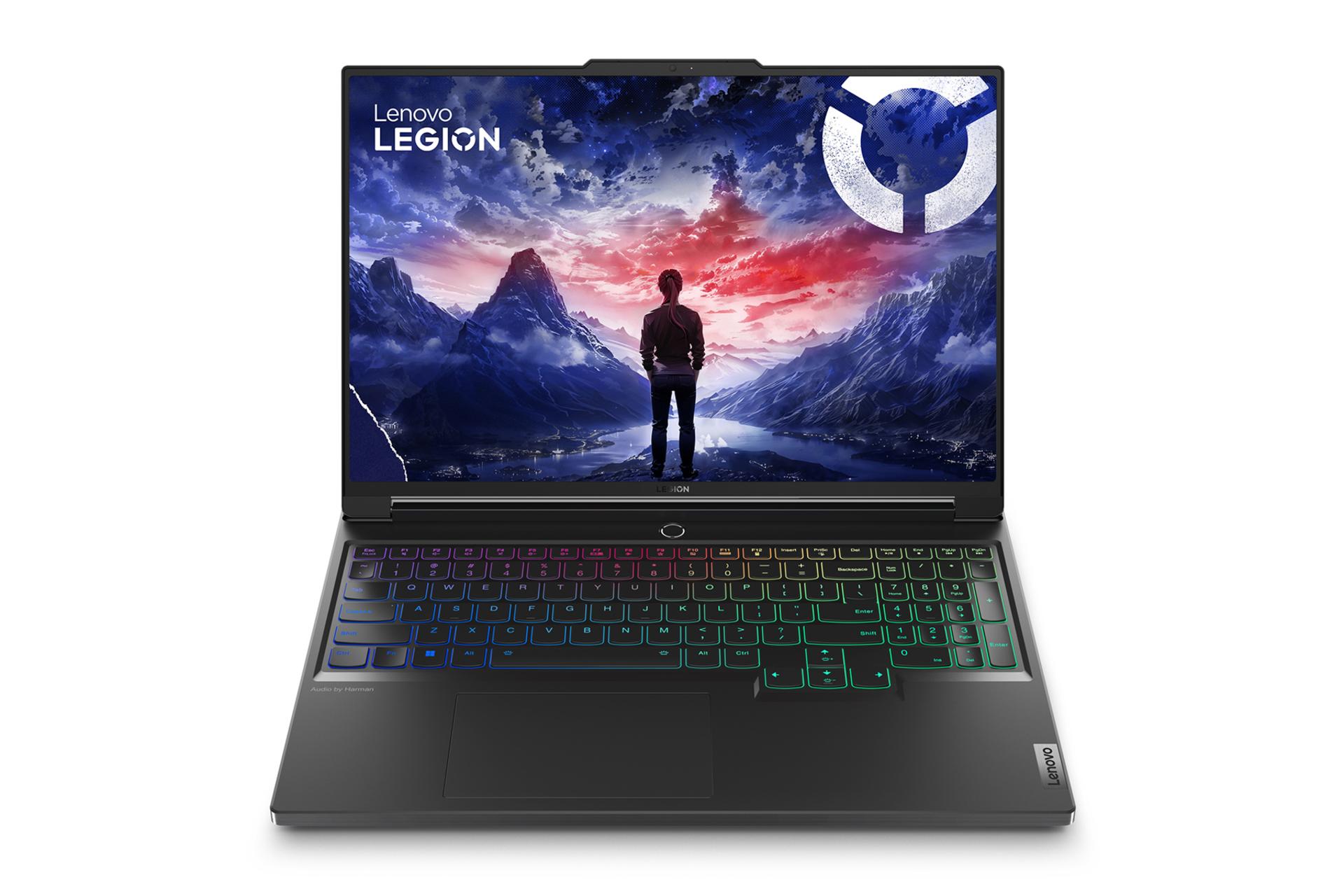 نمای روبه‌روی لپ تاپ Legion 7i لنوو با نمایشگر روشن و کیبورد با نورپردازی RGB رنگ مشکی