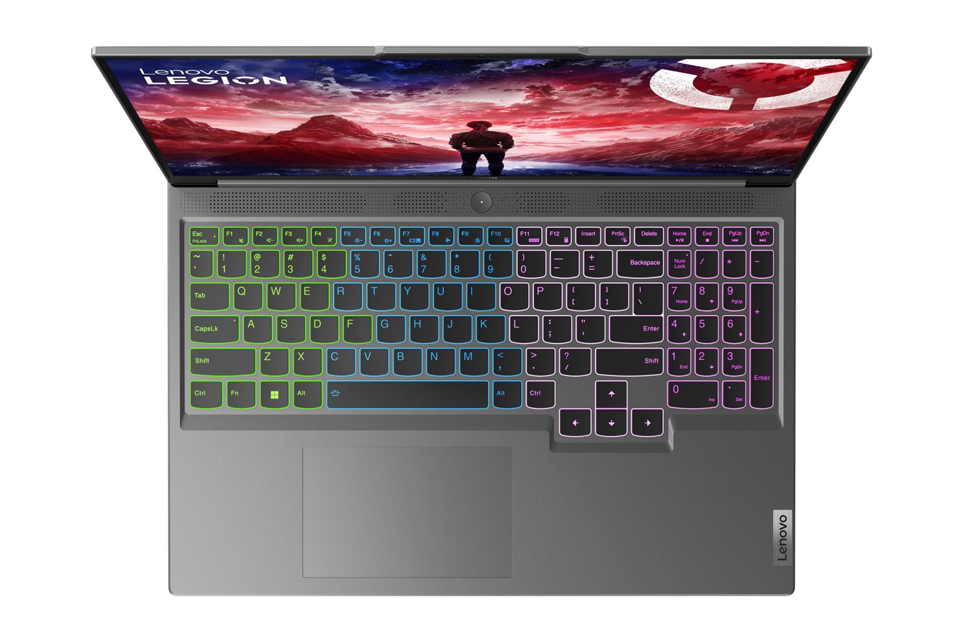 نمای بالای لپ تاپ Legion Slim 5 لنوو با نمایش ترک‌پد و نورپردازی RGB کیبورد