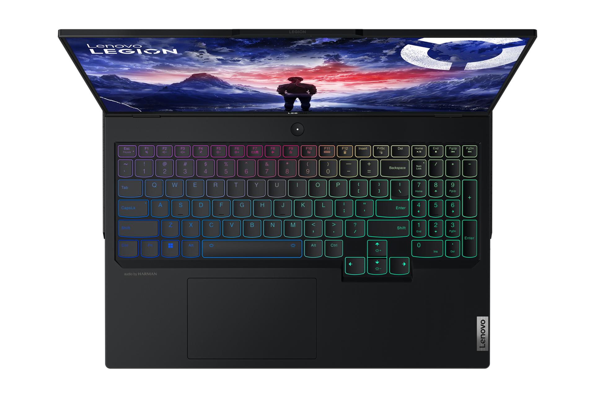 نمای بالای لپ تاپ Legion Pro 7i لنوو با نمایش ترک‌پد و نورپردازی کیبورد