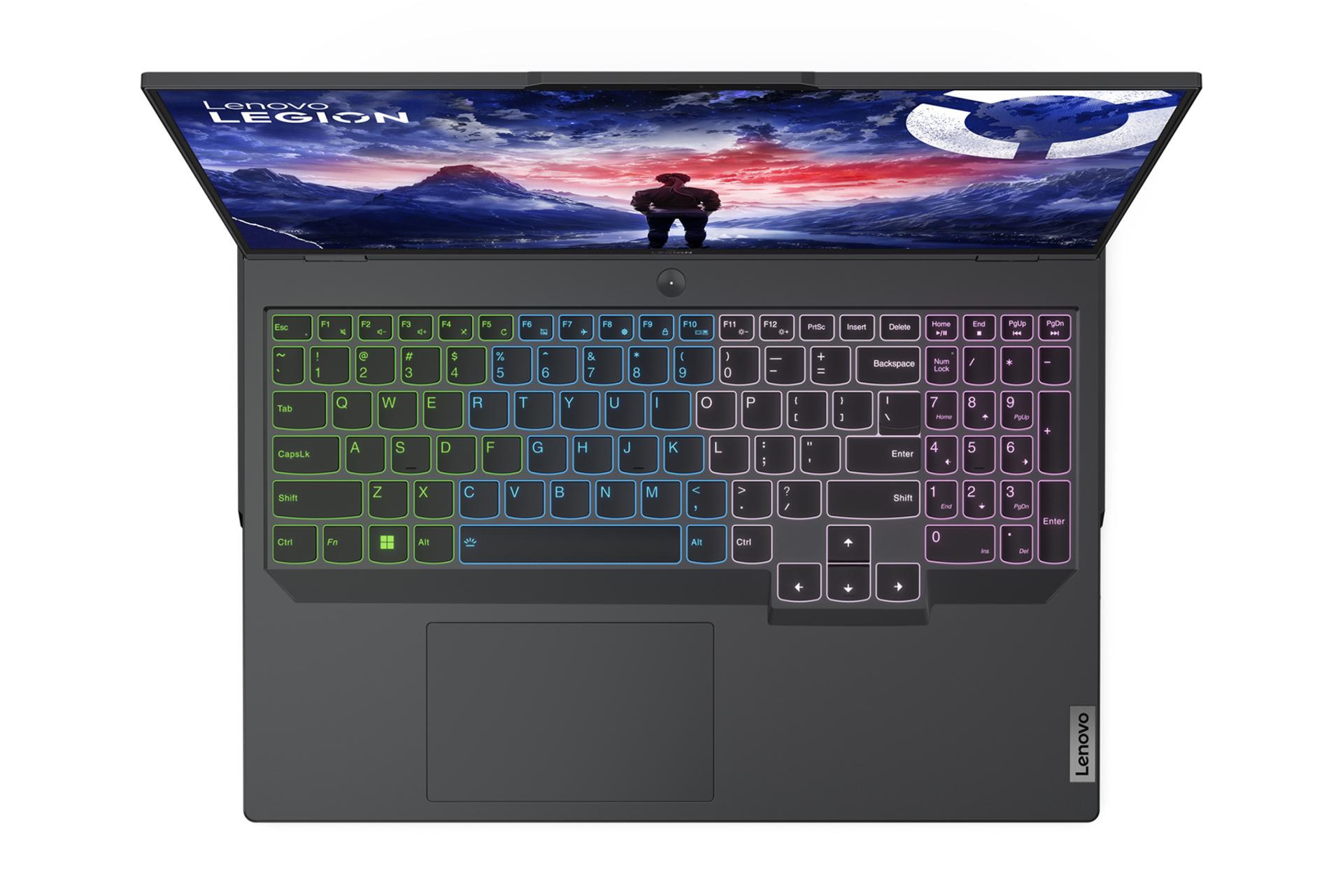 نمای بالای لپ تاپ Legion Pro 5i لنوو با نمایش ترک‌پد و نورپردازی RGB کیبورد