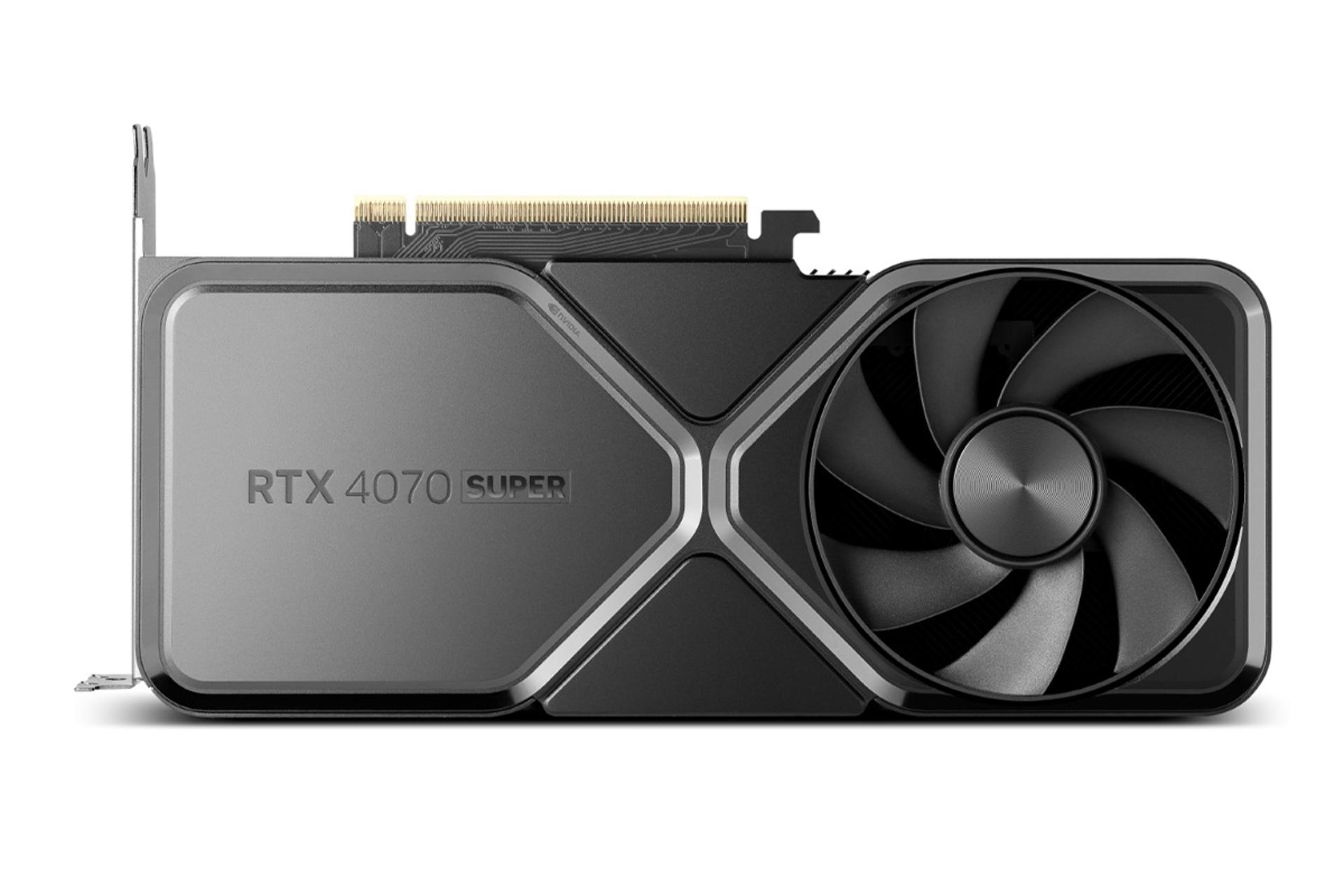 مرجع متخصصين ايران نماي روبه‌روي كارت گرافيك انويديا جي فورس RTX 4070 SUPER با نمايش لوگو، فن و كانكتور PCI Express