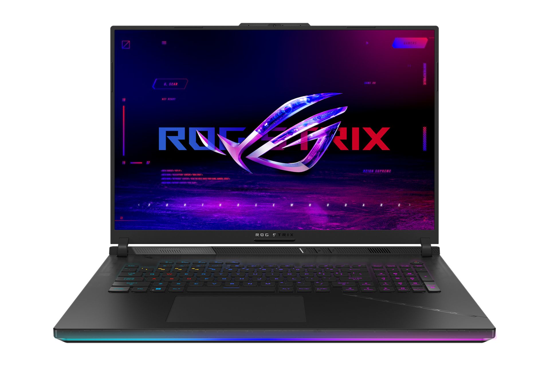 نمای روبه‌روی لپ تاپ ROG Strix SCAR 18 G834 ایسوس با نمایشگر روشن و نمایش نورپردازی