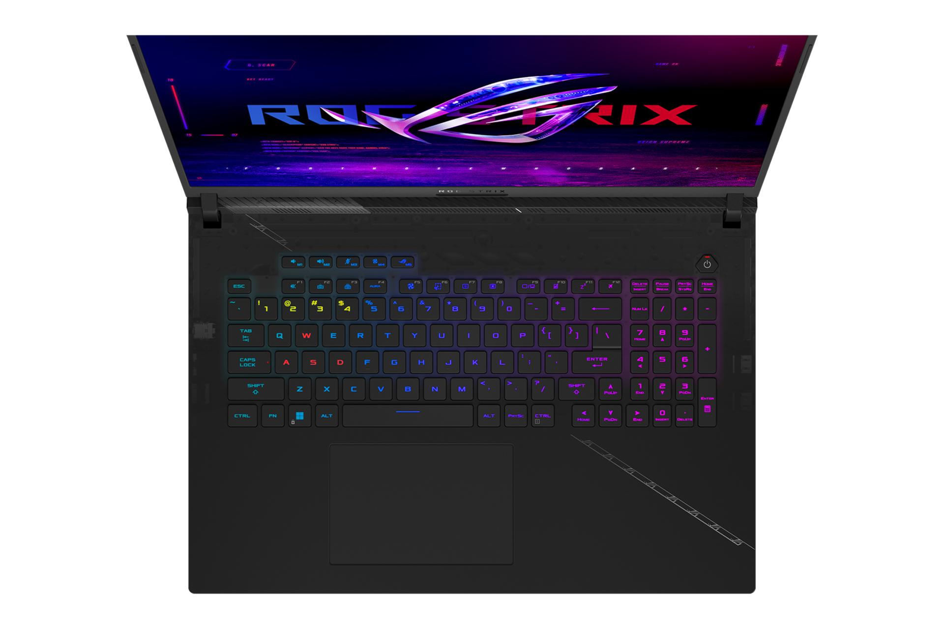 نمای بالای لپ تاپ ROG Strix SCAR 18 G834 ایسوس با نمایش ترک‌پد و نورپردازی کیبورد