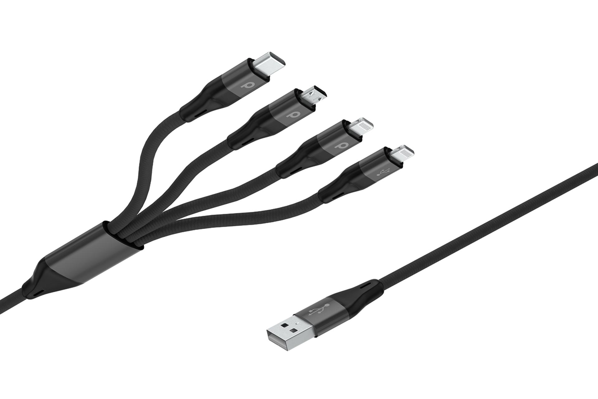 کانکتور و اتصال کابل شارژ USB پرودو Type-A به Type-C+Micro-USB+Lightning 2X مدل PD-LLCMBR-BK 4in1 با طول 1.2 متر