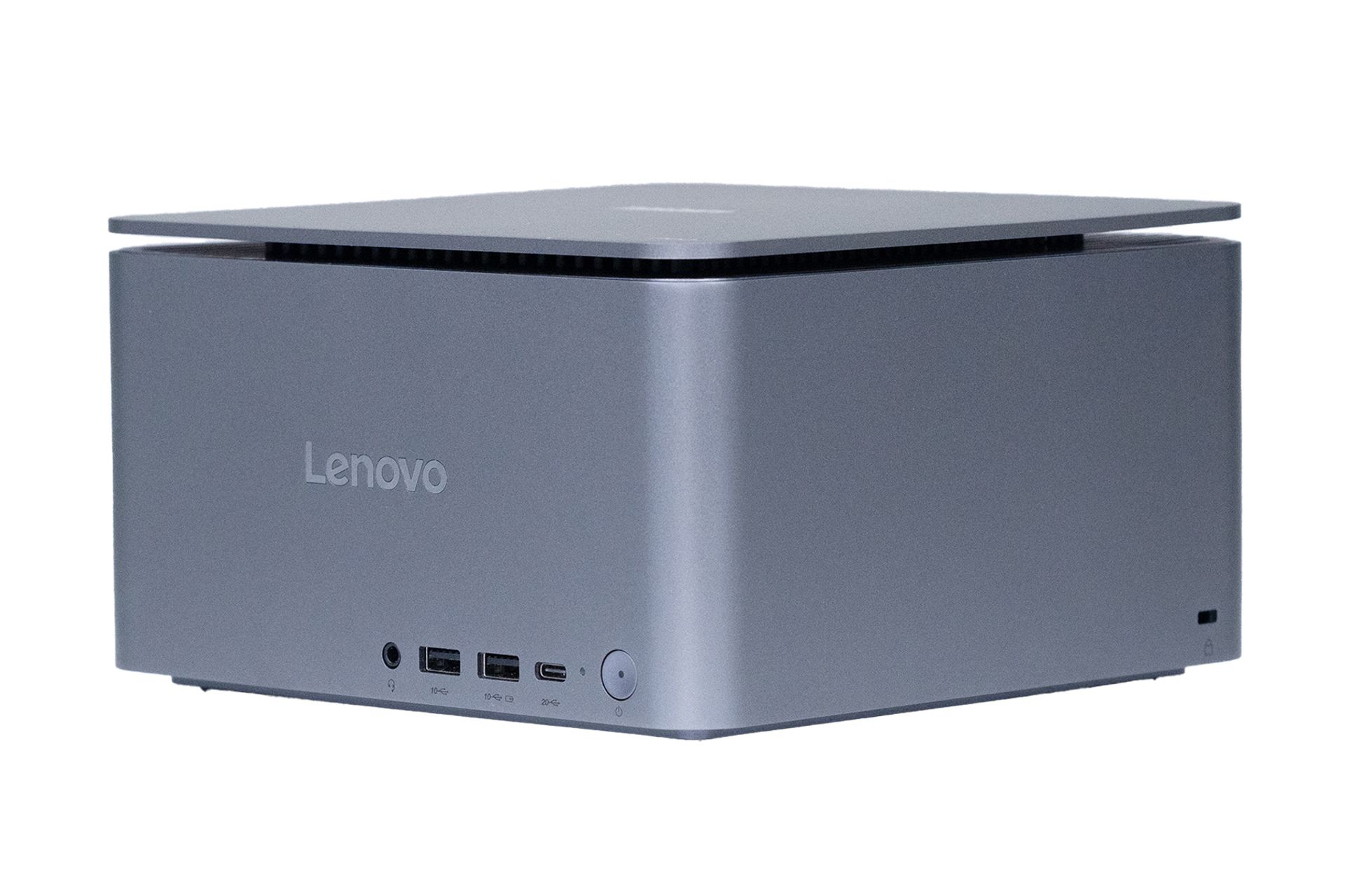 نمای نیمرخ کامپیوتر کوچک ThinkCentre neo Ultra لنوو با نمایش لوگو و درگاه‌های پنل جلو و سمت راست