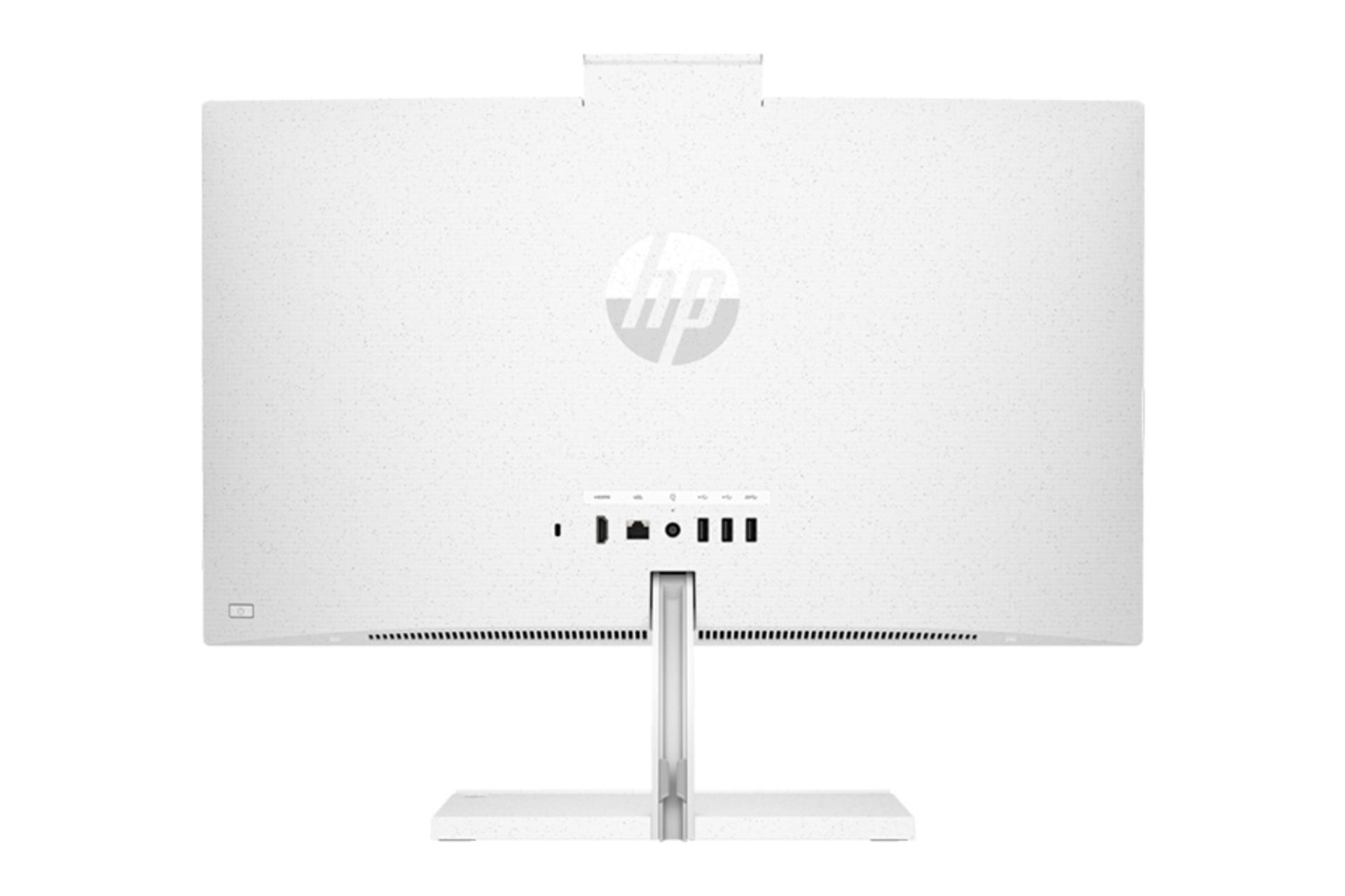 نمای پنل پشت All in One cb1038nh اچ پی با نمایش لوگو، درگاه ها، وبکم پاپ آپ باز شده و منافذ عبور هوا