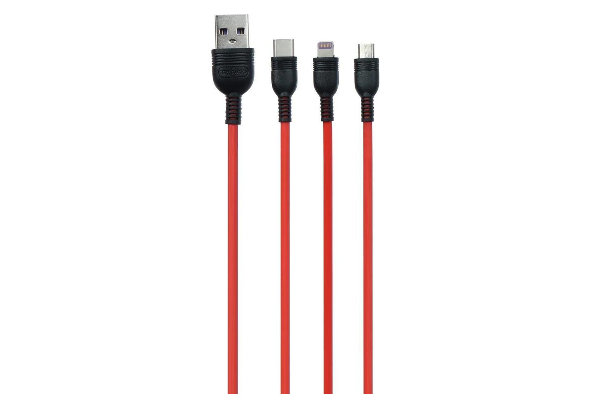 کابل شارژ USB ترانیو Type-A به Type-C+Micro-USB+Lightning مدل T-XS2 3in1 با طول 1.2 متر