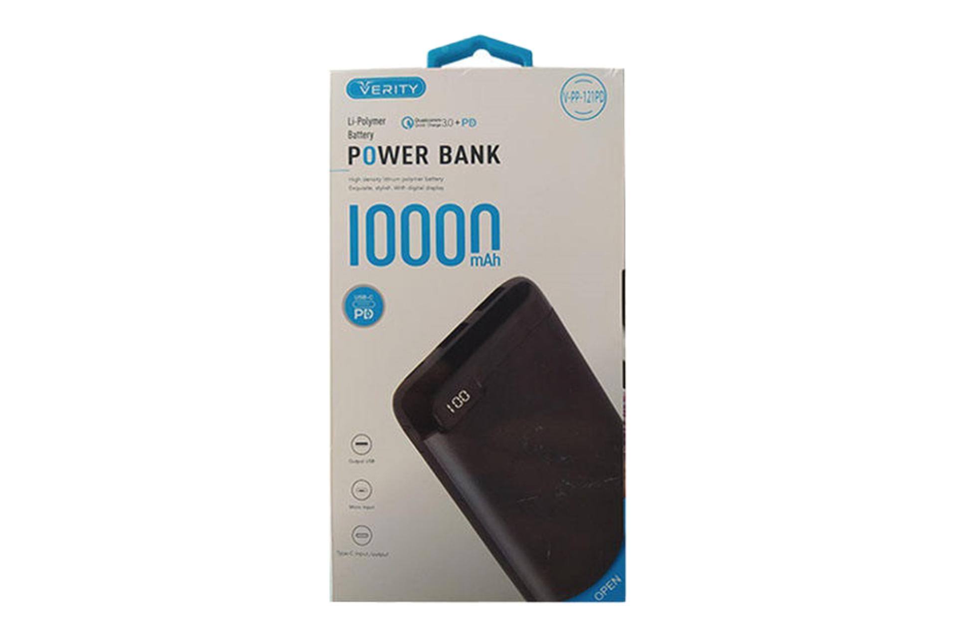 نمای جعبه پاوربانک وریتی v-pp-121pd با ظرفیت 10000 میلی‌آمپر ساعت سیاه رنگ