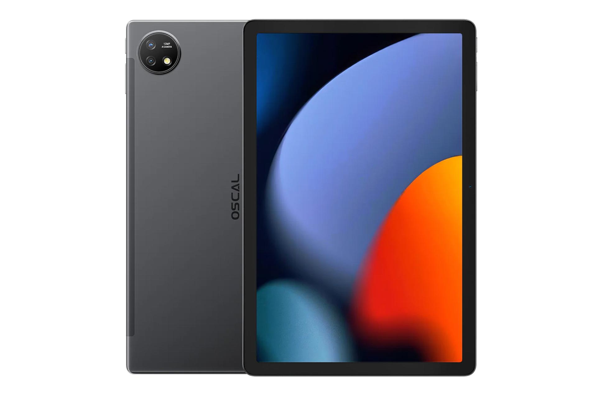 نمای کلی تبلت اسکال پد 16 بلک ویو / Blackview Oscal Pad 16 با نمایشگر روشن و نمایش پنل پشت به همراه لوگو و دوربین رنگ خاکستری