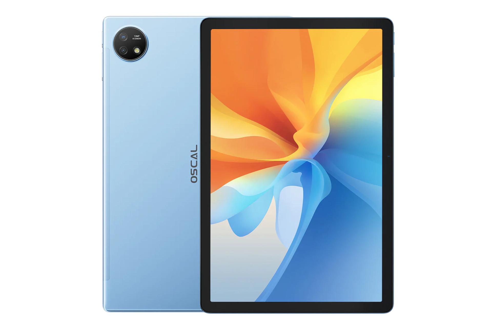 نمای کلی تبلت اسکال پد 16 بلک ویو / Blackview Oscal Pad 16 با نمایشگر روشن و نمایش پنل پشت به همراه لوگو و دوربین رنگ آبی