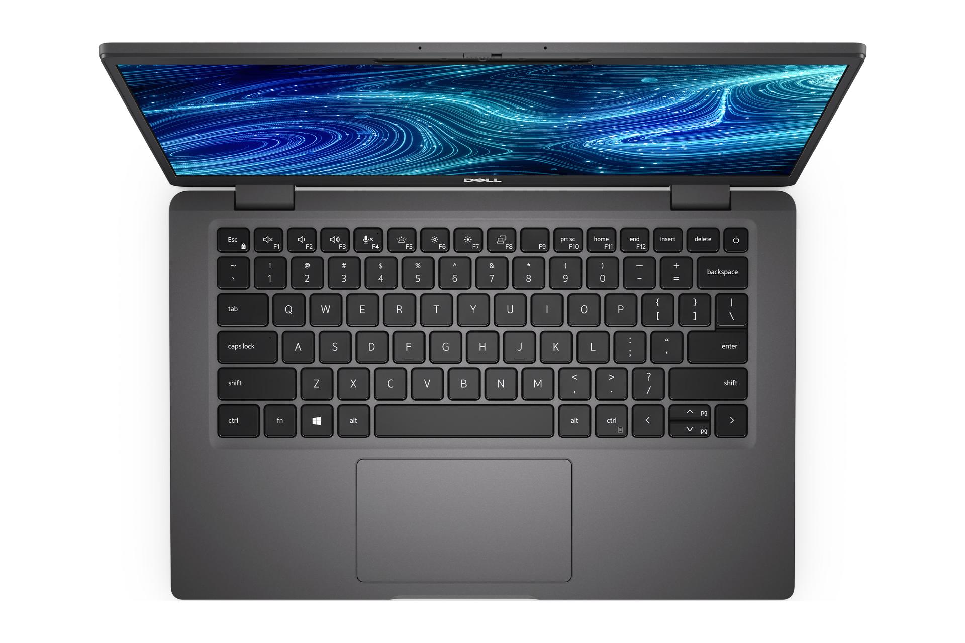 نمای بالای لپ تاپ Latitude 7320 دل با نمایش کیبورد و ترک‌پد رنگ خاکستری تیره