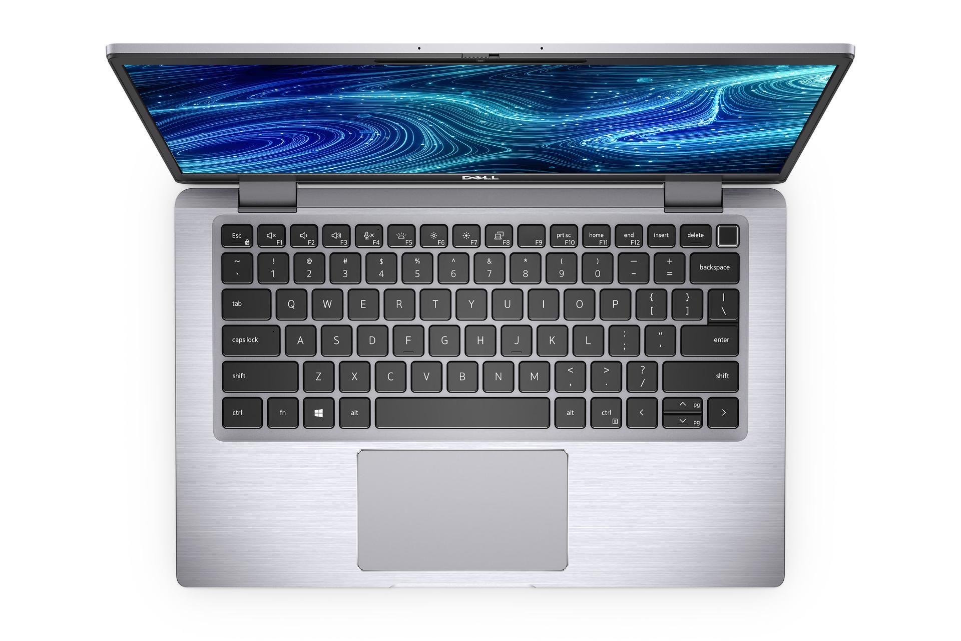 نمای بالای لپ تاپ Latitude 7320 دل با نمایش کیبورد و ترک‌پد رنگ نقره‌ای