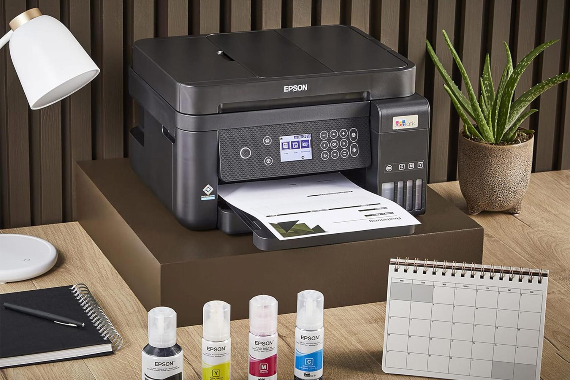 پرینتر اپسون Epson EcoTank L6270 نمای جلو به همراه کارتریج جوهری رنگی