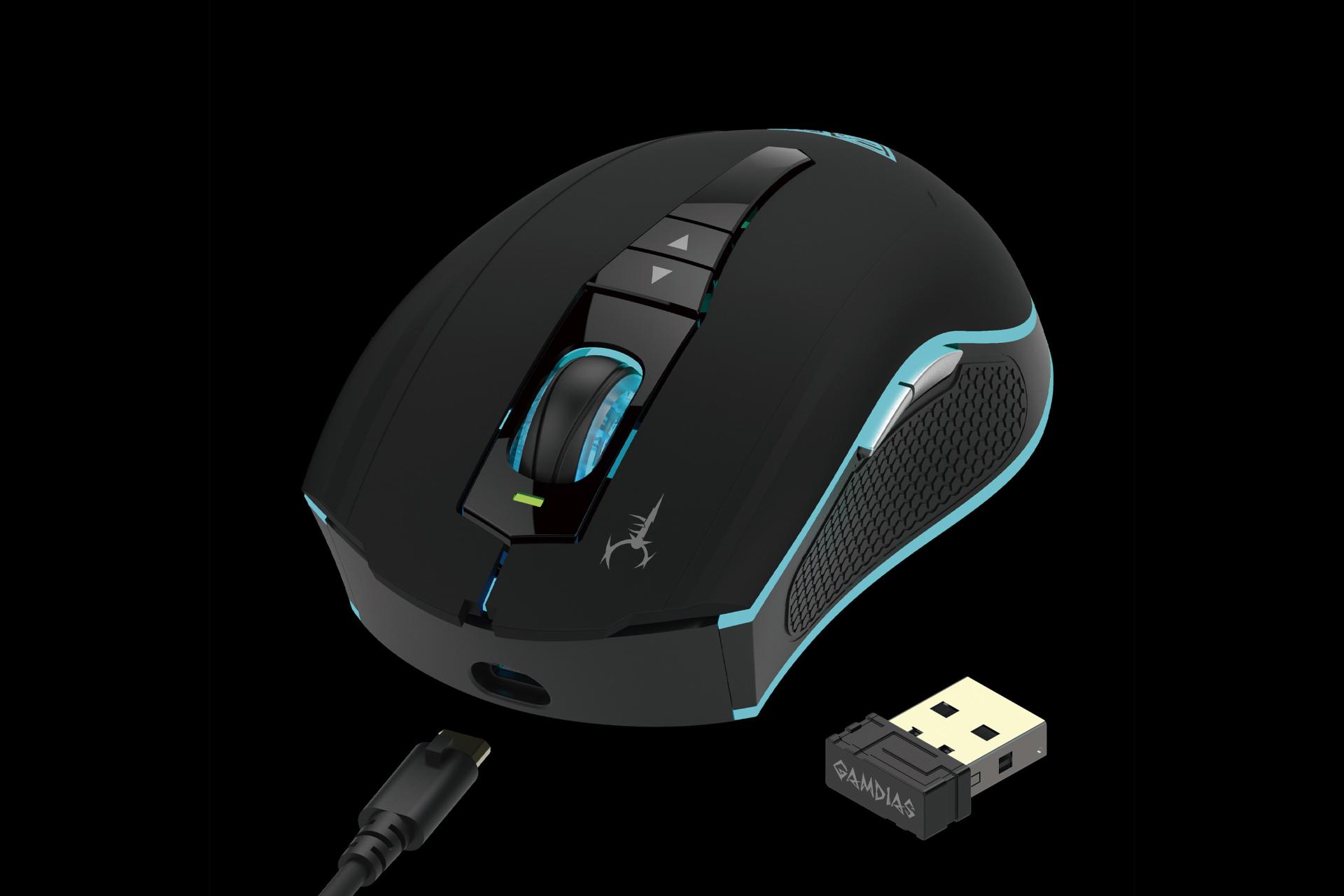 نمای جلوی ماوس گیم دیاس GAMDIAS HADES M1 به همراه دانگل بی سیم