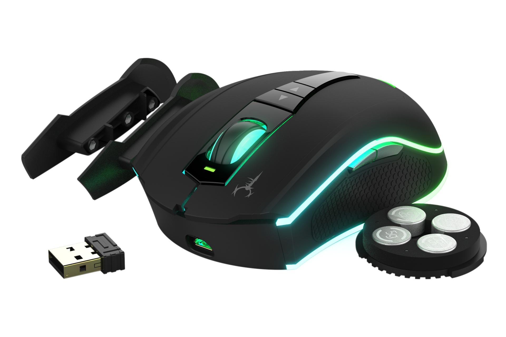 نمای کناری ماوس گیم دیاس GAMDIAS EREBOS HADES M1 به همراه کناره های اضافه، دانگل بی سیم و وزنه های 5 گرمی