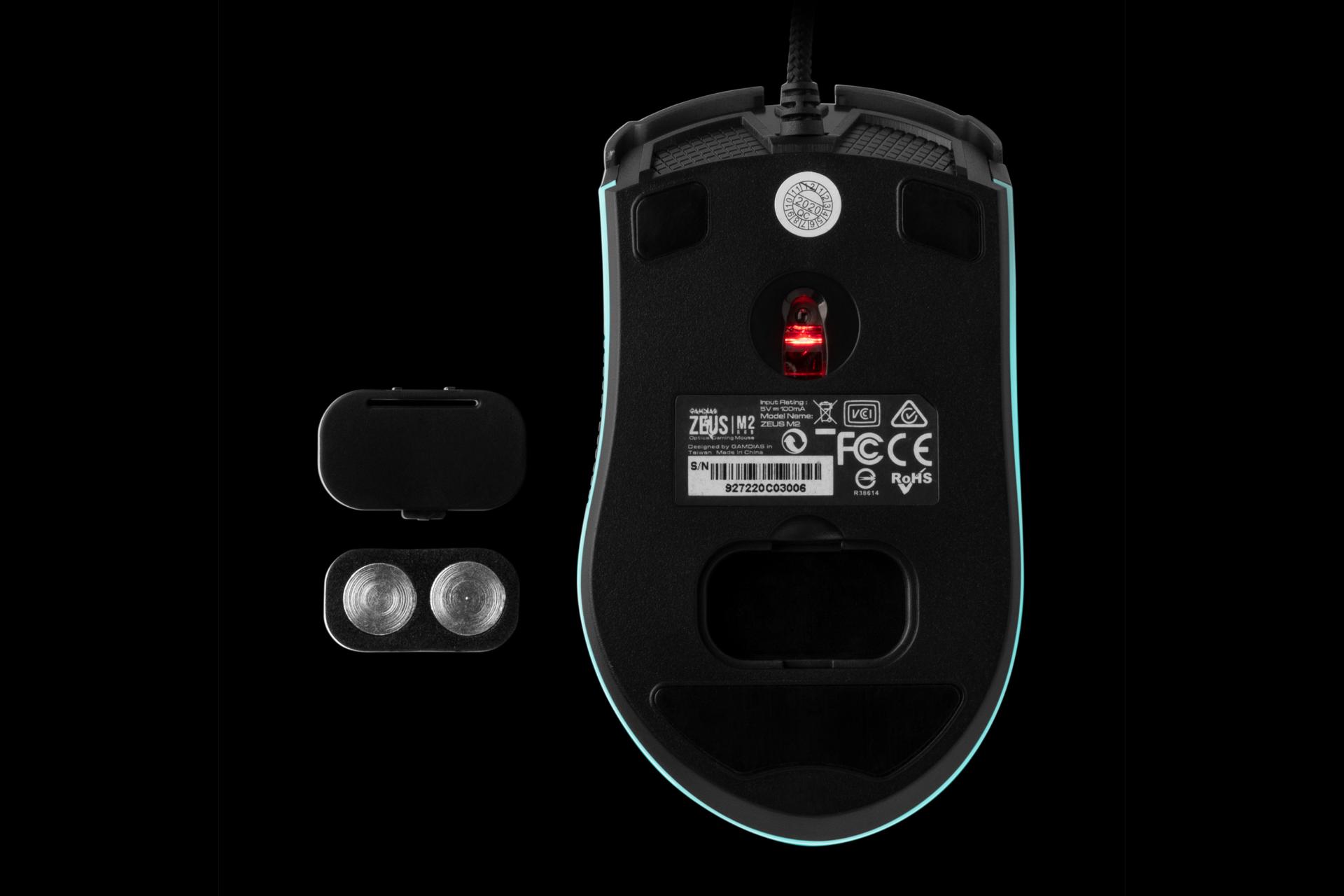 نمای پایین و وزنه های توازنی ماوس گیم دیاس GAMDIAS ZEUS M2