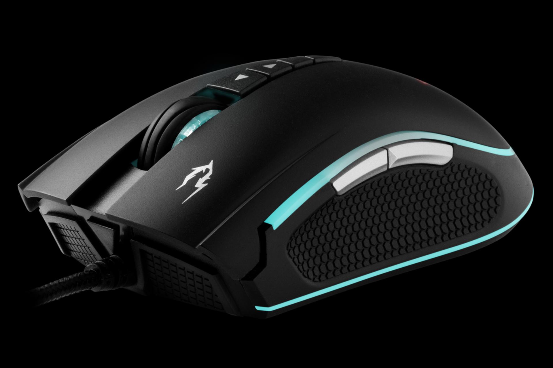 نمای جلوی ماوس گیم دیاس GAMDIAS ZEUS M2 و محل اتصال کابل