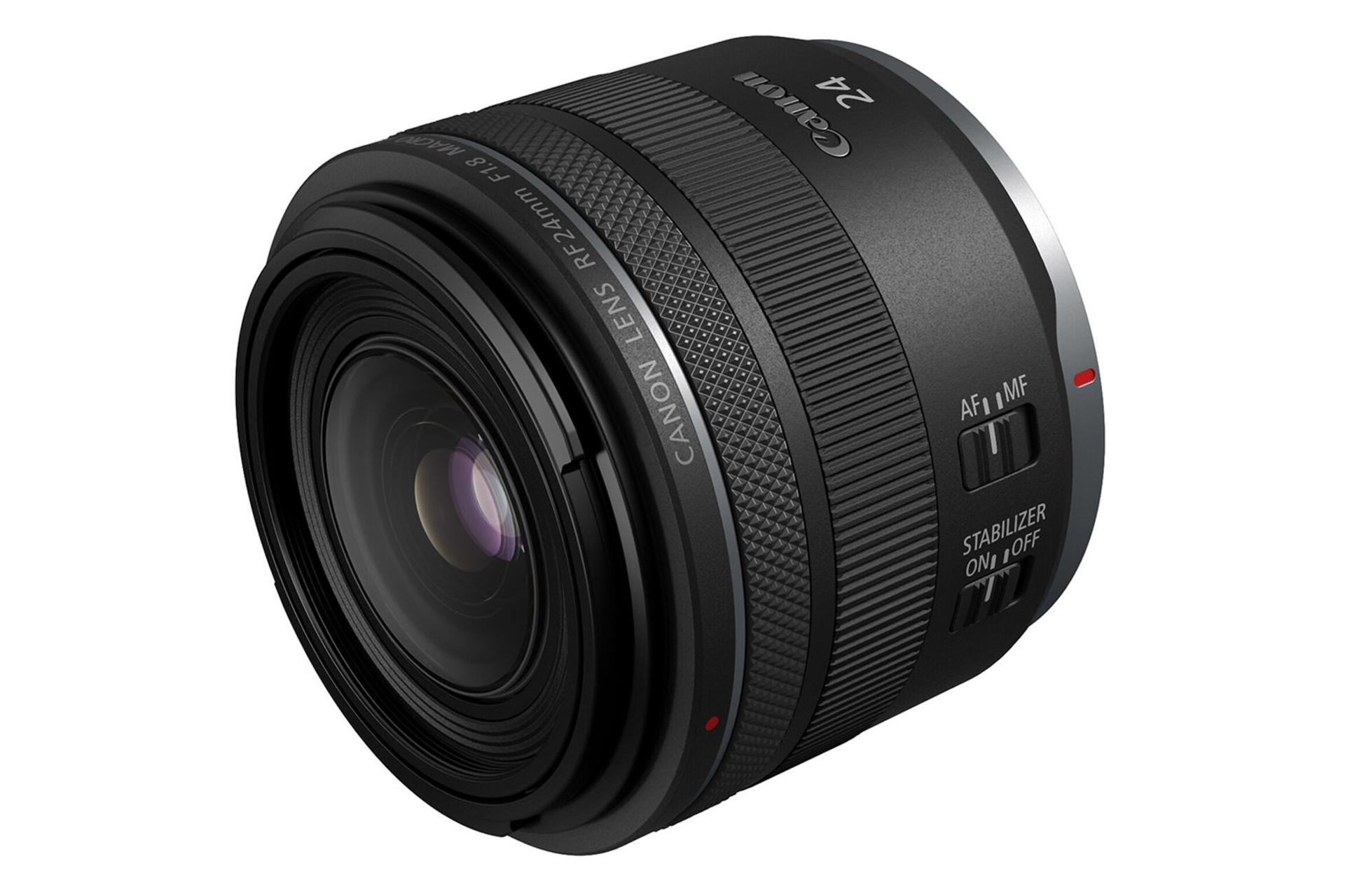 لنز کانن Canon RF 24mm F1.8 Macro IS STM نمای جلو و راست