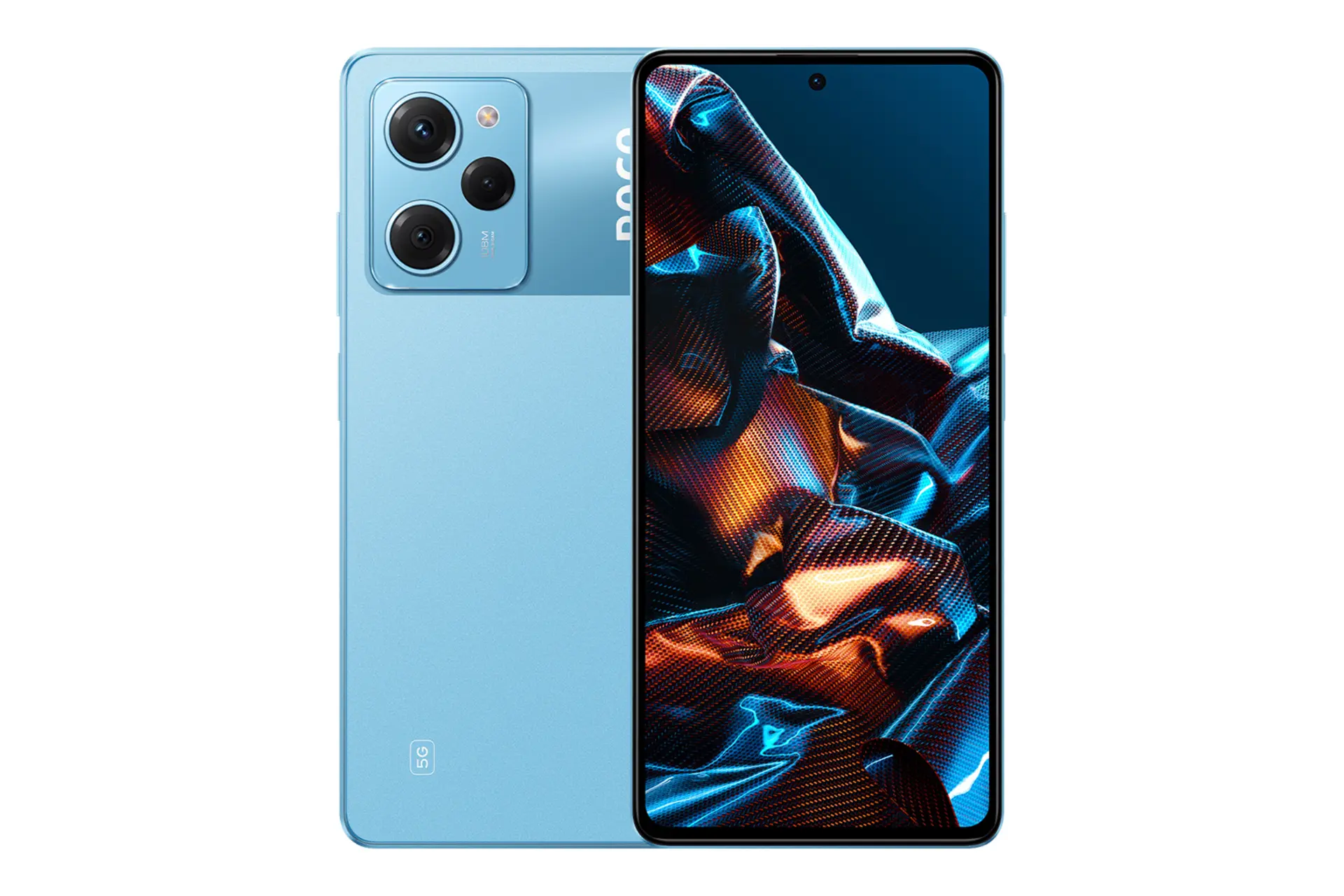 نمای کلی گوشی موبایل پوکو X5 پرو شیائومی / Xiaomi Poco X5 Pro با نمایشگر روشن و نمایش لوگو و دوربین در پنل پشت رنگ آبی