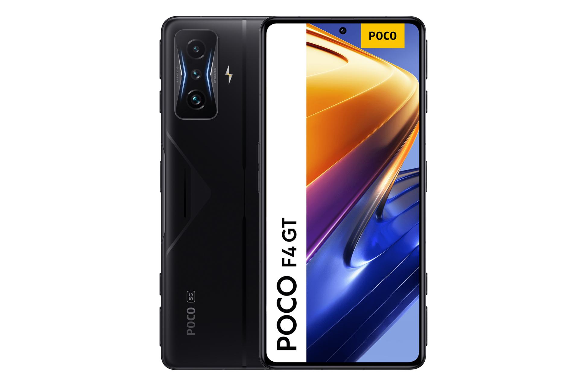 نمای کلی گوشی موبایل پوکو F4 GT شیائومی / Xiaomi Poco F4 GT با نمایش نمایشگر، دوربین و لوگوی پنل پشت رنگ مشکی