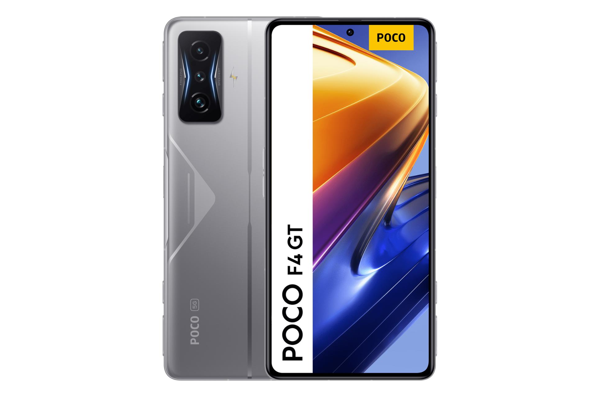 نمای کلی گوشی موبایل پوکو F4 GT شیائومی / Xiaomi Poco F4 GT با نمایش نمایشگر، دوربین و لوگوی پنل پشت رنگ نقره‌ای