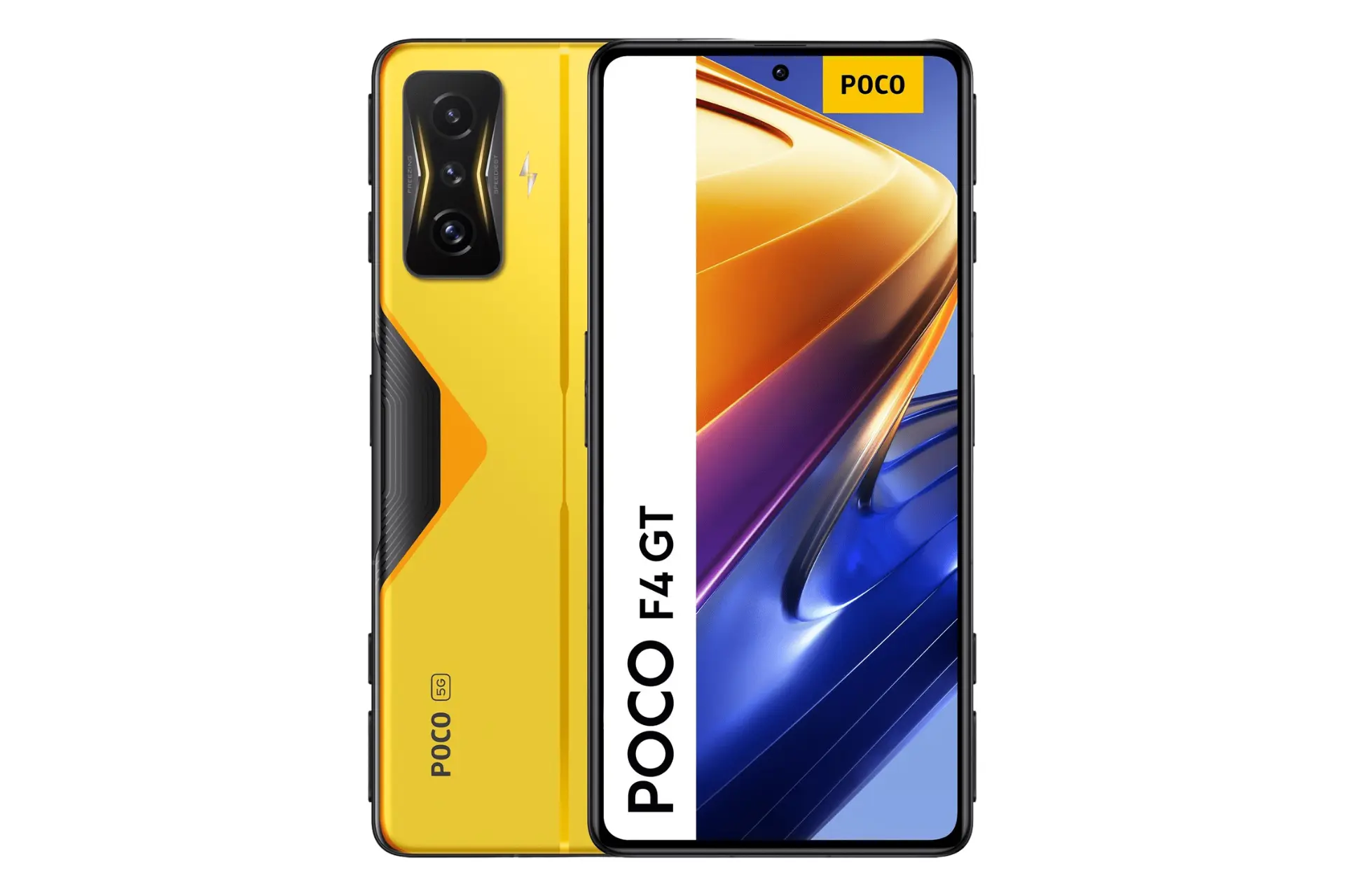 نمای کلی گوشی موبایل پوکو F4 GT شیائومی / Xiaomi Poco F4 GT با نمایش نمایشگر، دوربین و لوگوی پنل پشت رنگ زرد