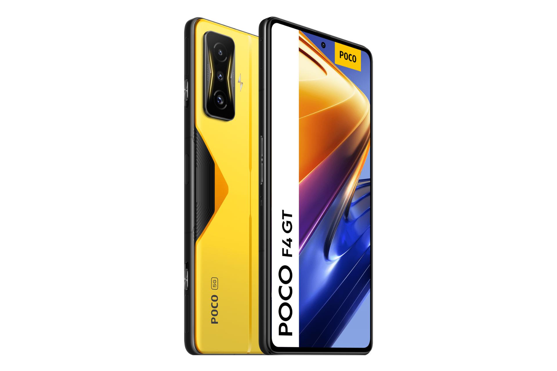 نمای نیمرخ گوشی موبایل پوکو F4 GT شیائومی / Xiaomi Poco F4 GT با نمایش نمایشگر، دوربین و لوگوی پنل پشت رنگ زرد