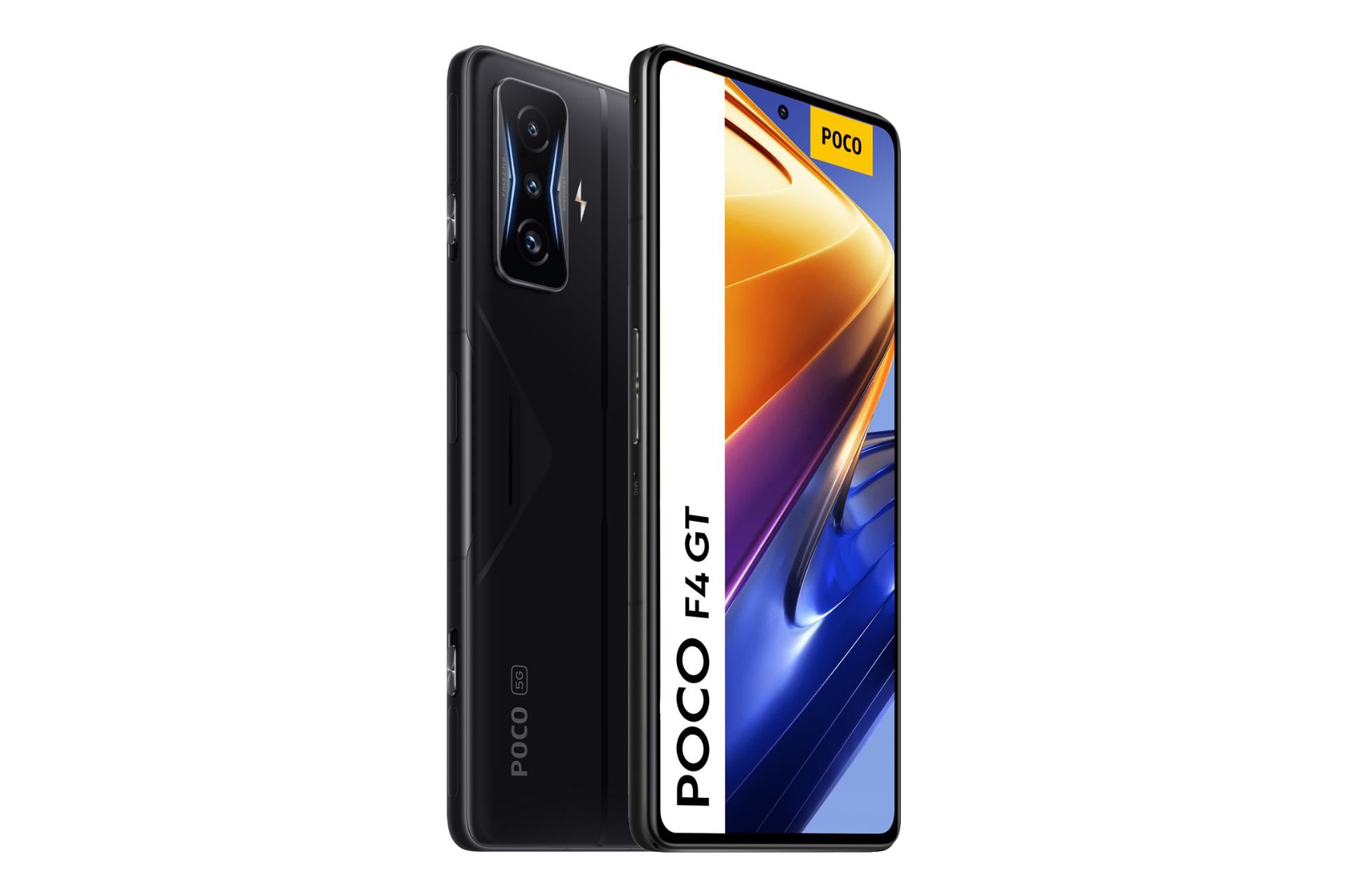 نمای نیمرخ گوشی موبایل پوکو F4 GT شیائومی / Xiaomi Poco F4 GT با نمایش نمایشگر، دوربین و لوگوی پنل پشت رنگ مشکی