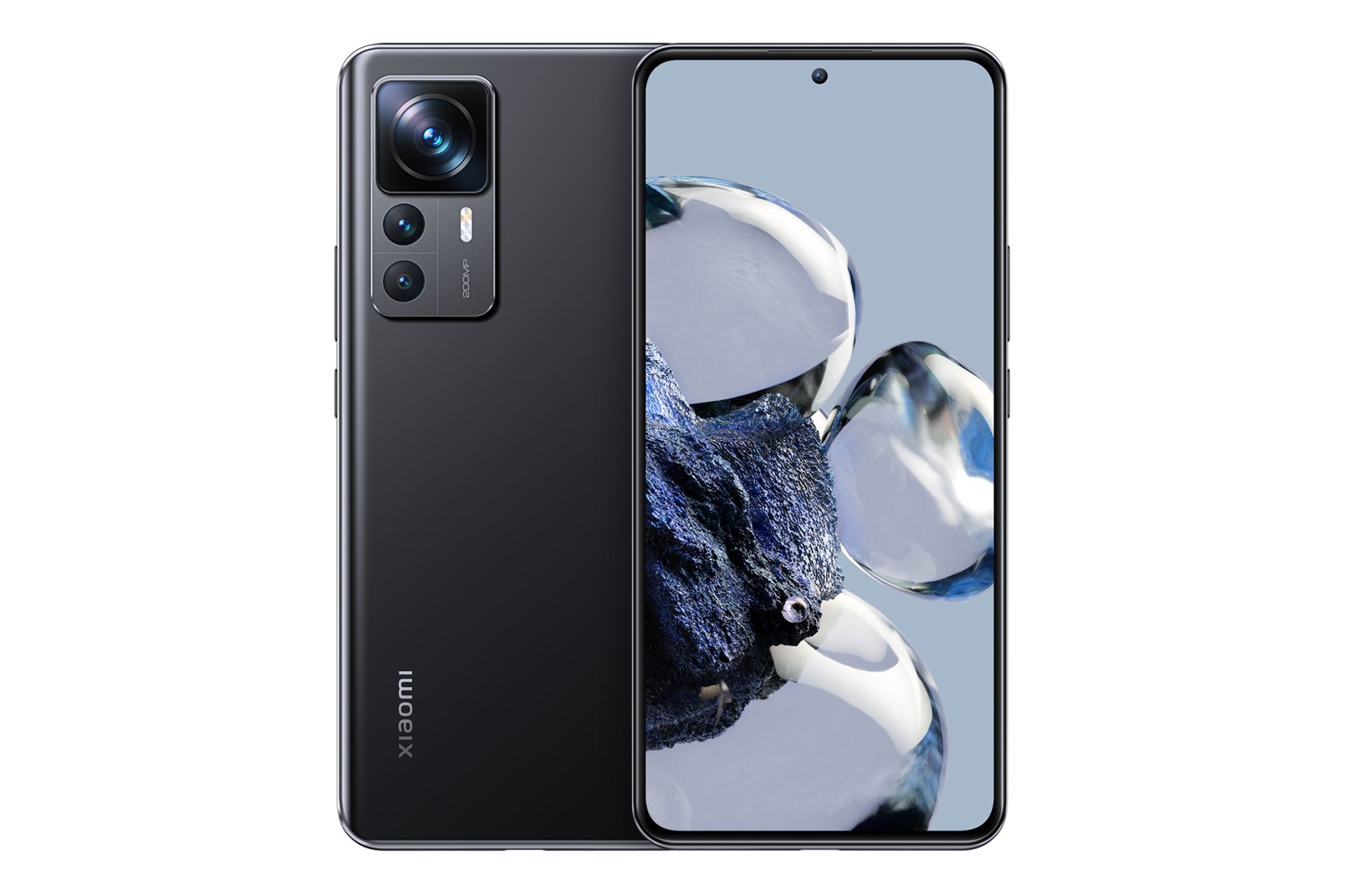 نمای کلی گوشی موبایل شیائومی 12T پرو / Xiaomi 12T Pro با نمایشگر روشن و نمایش لوگو و دوربین پنل پشت رنگ مشکی