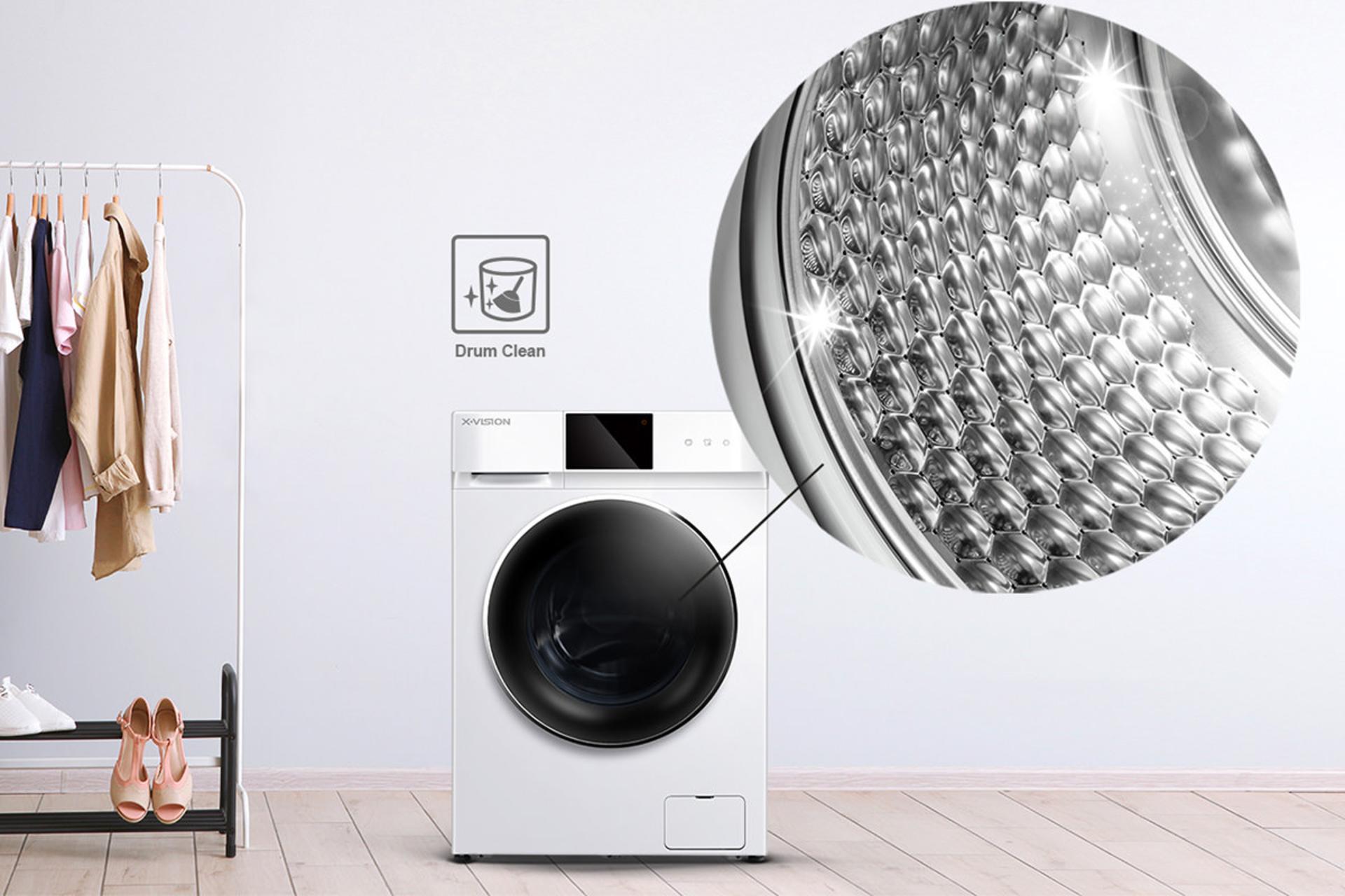 ماشین لباسشویی ایکس ویژن X.Vision TV102 نمای جلو و نمایش طرح الماس درام