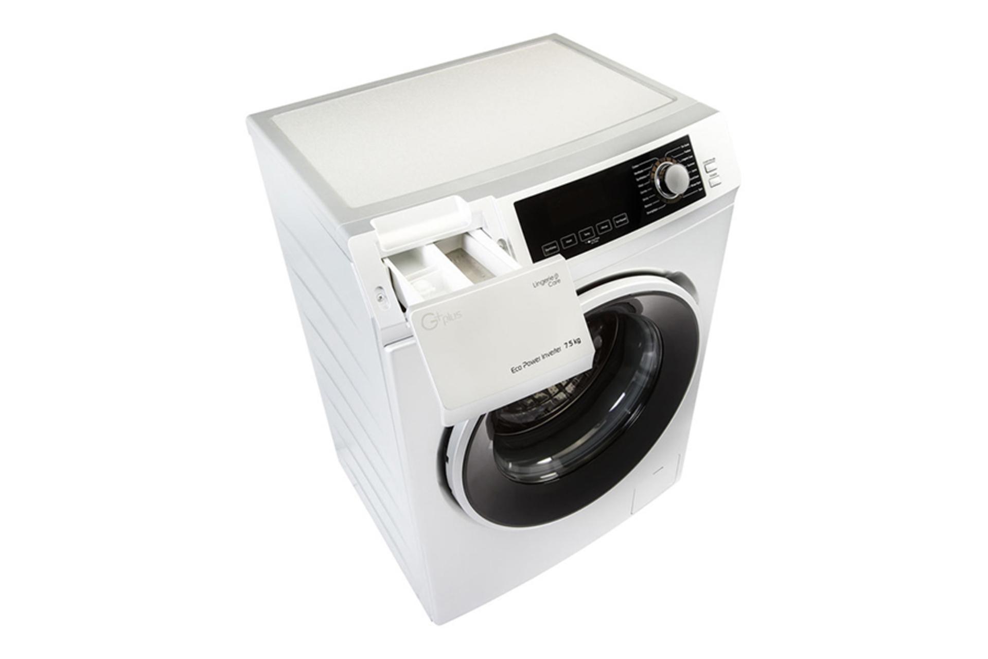 ماشین لباسشویی جی پلاس Gplus GWM-K7203 نمای بالا محفظه کشویی پودر و مایع باز شده