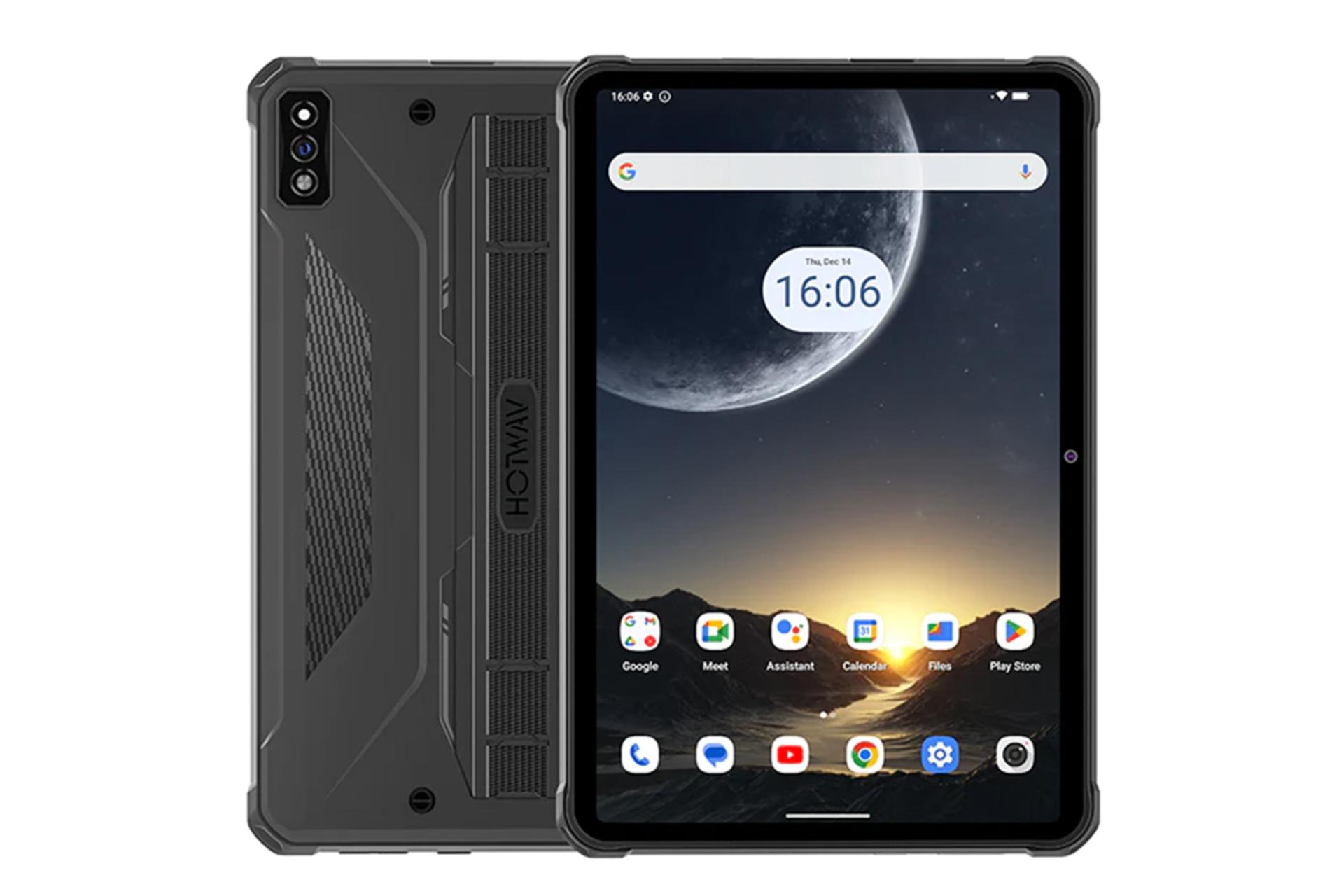 نمای کلی تبلت R7 هات ویو / HOTWAV R7 با نمایشگر روشن و نمایش لوگو و دوربین پنل پشت رنگ خاکستری تیره