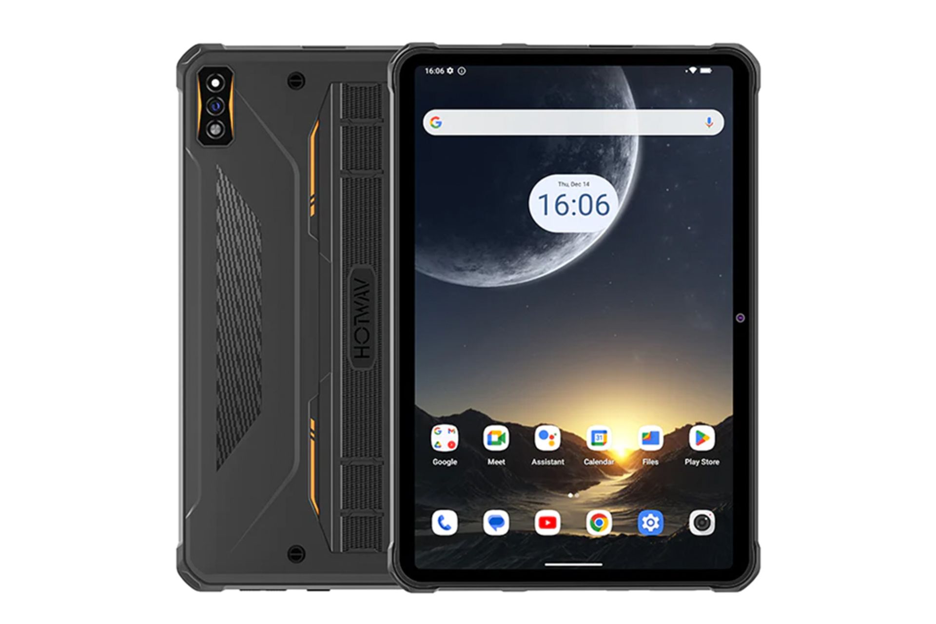 نمای کلی تبلت R7 هات ویو / HOTWAV R7 با نمایشگر روشن و نمایش لوگو و دوربین پنل پشت رنگ خاکستری نارنجی