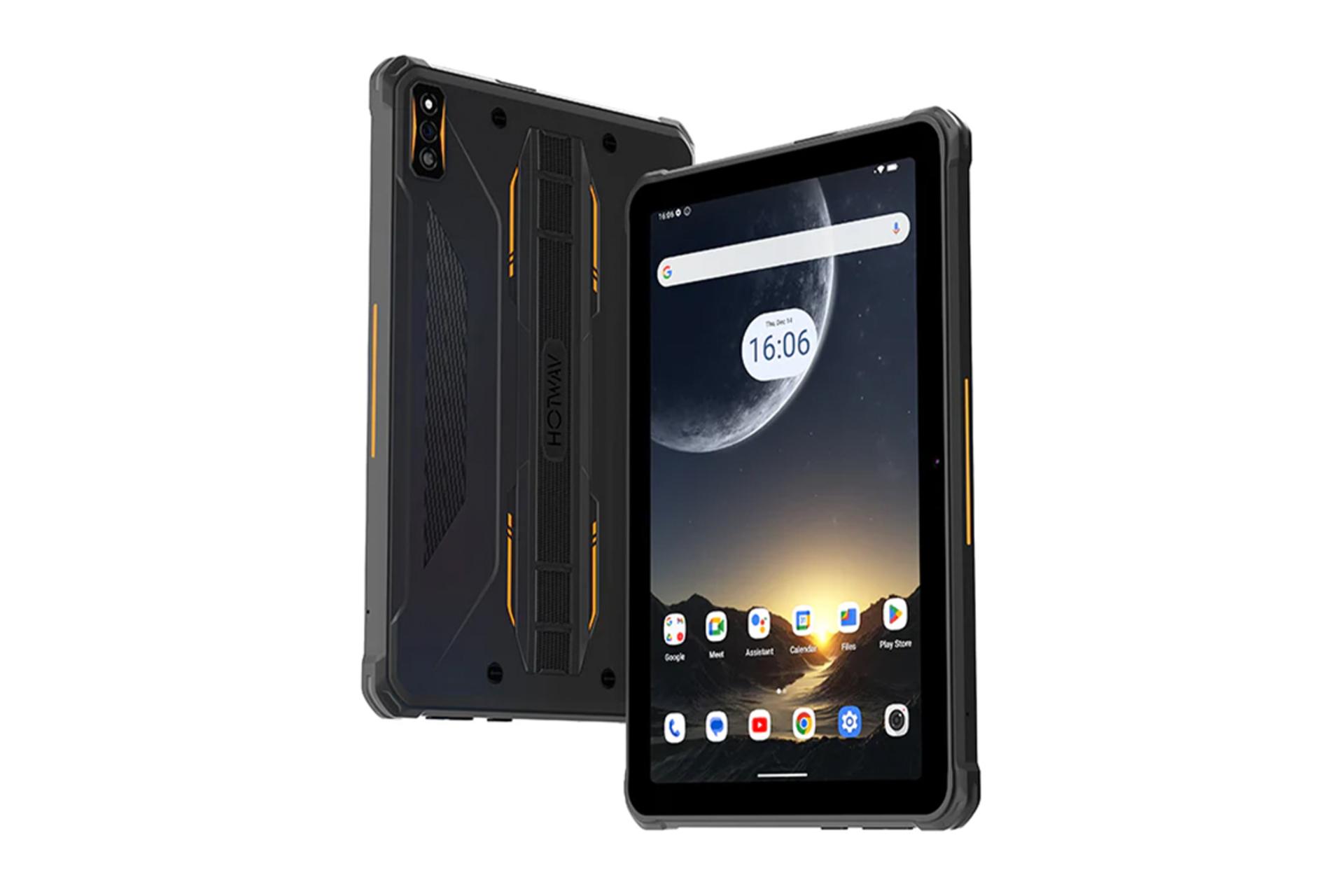 نمای نیمرخ تبلت R7 هات ویو / HOTWAV R7 با نمایش نمایشگر، پنل پشت و لبه های سمت چپ و راست رنگ خاکستری نارنجی