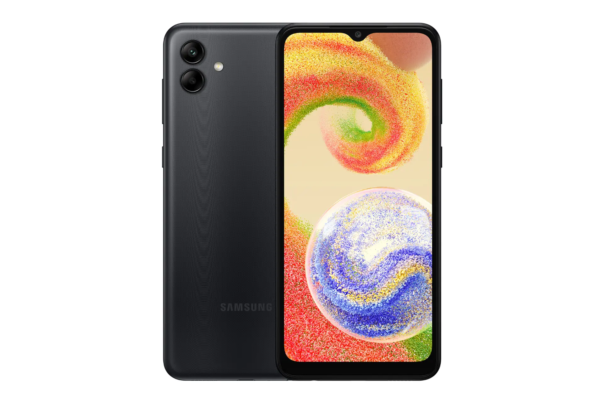 نمای کلی گوشی موبایل گلکسی A04 سامسونگ / Samsung Galaxy A04 با نمایشگر روشن و نمایش لوگو و دوربین رنگ مشکی
