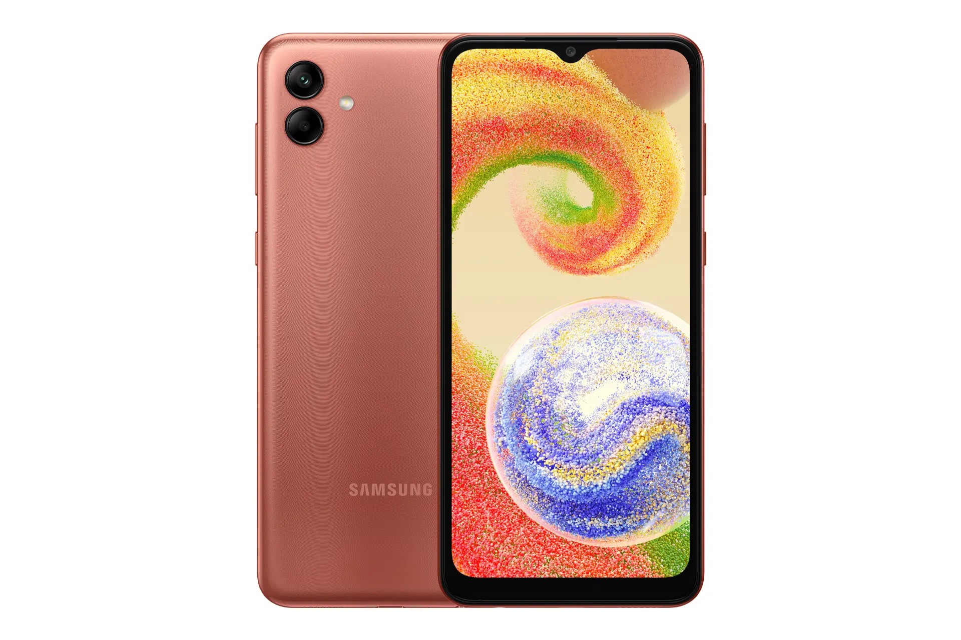 نمای کلی گوشی موبایل گلکسی A04 سامسونگ / Samsung Galaxy A04 با نمایشگر روشن و نمایش لوگو و دوربین رنگ مسی
