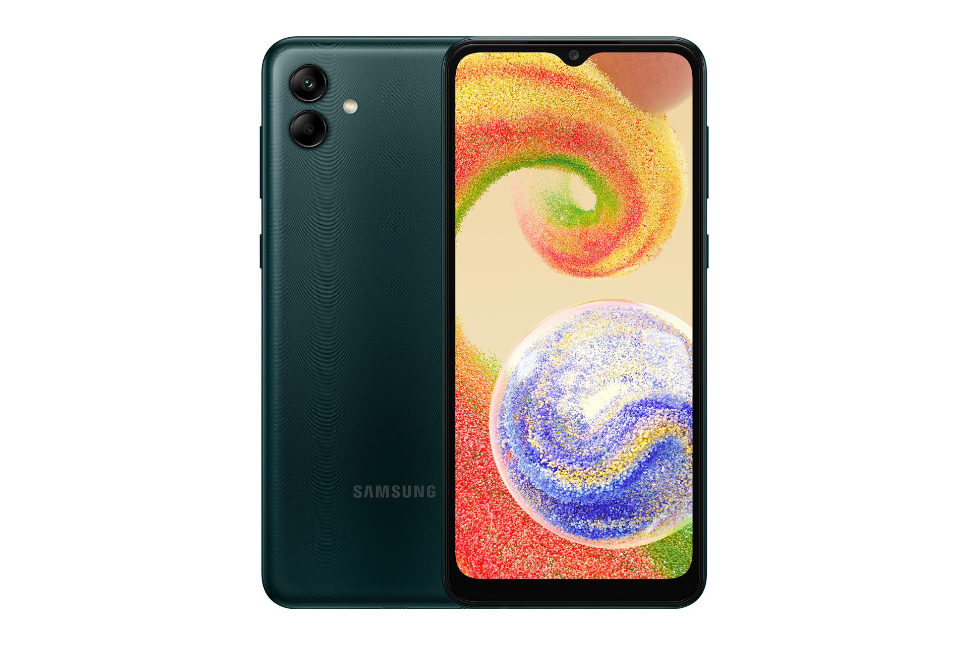 نمای کلی گوشی موبایل گلکسی A04 سامسونگ / Samsung Galaxy A04 با نمایشگر روشن و نمایش لوگو و دوربین رنگ سبز