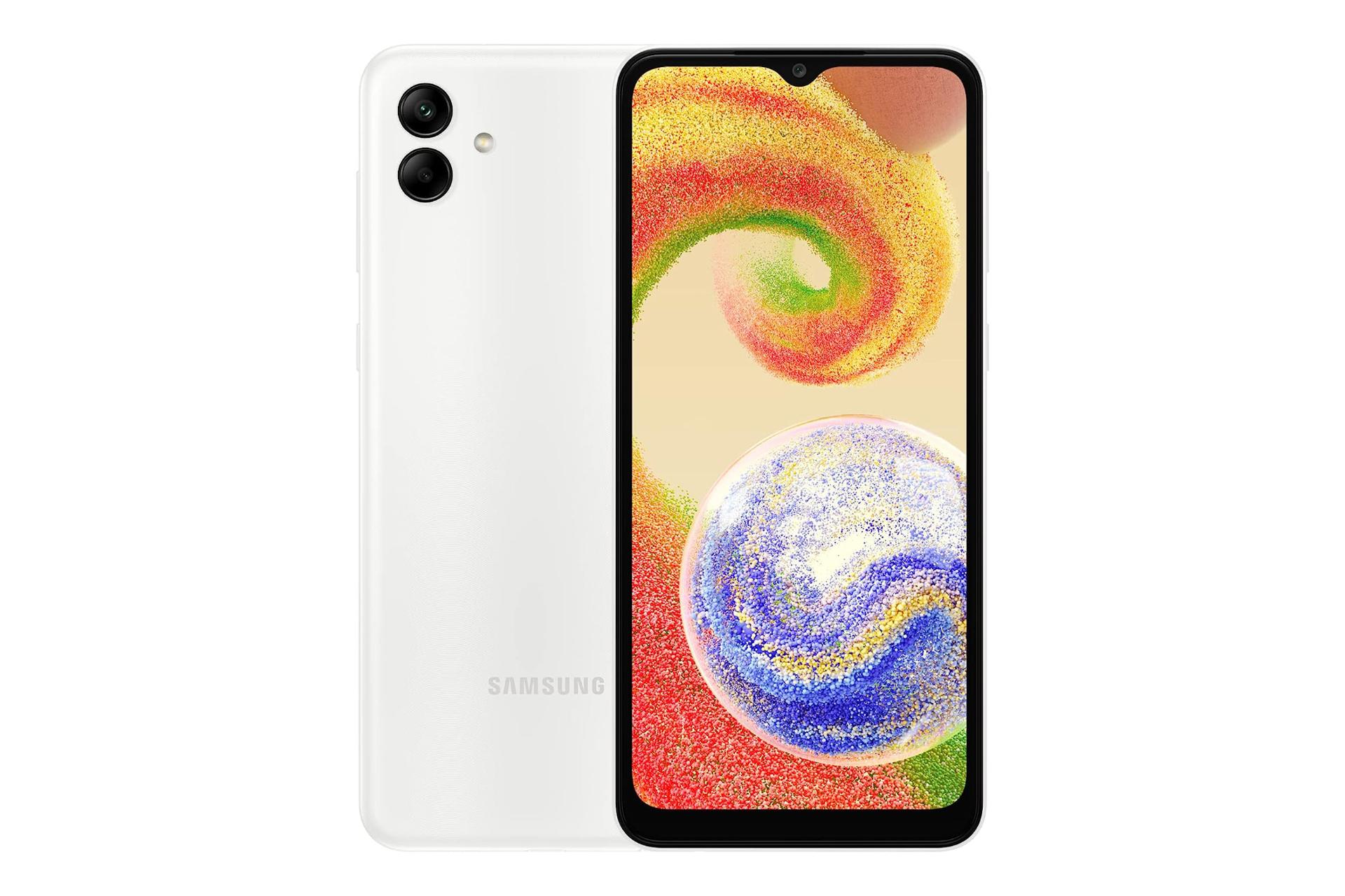 نمای کلی گوشی موبایل گلکسی A04 سامسونگ / Samsung Galaxy A04 با نمایشگر روشن و نمایش لوگو و دوربین رنگ سفید