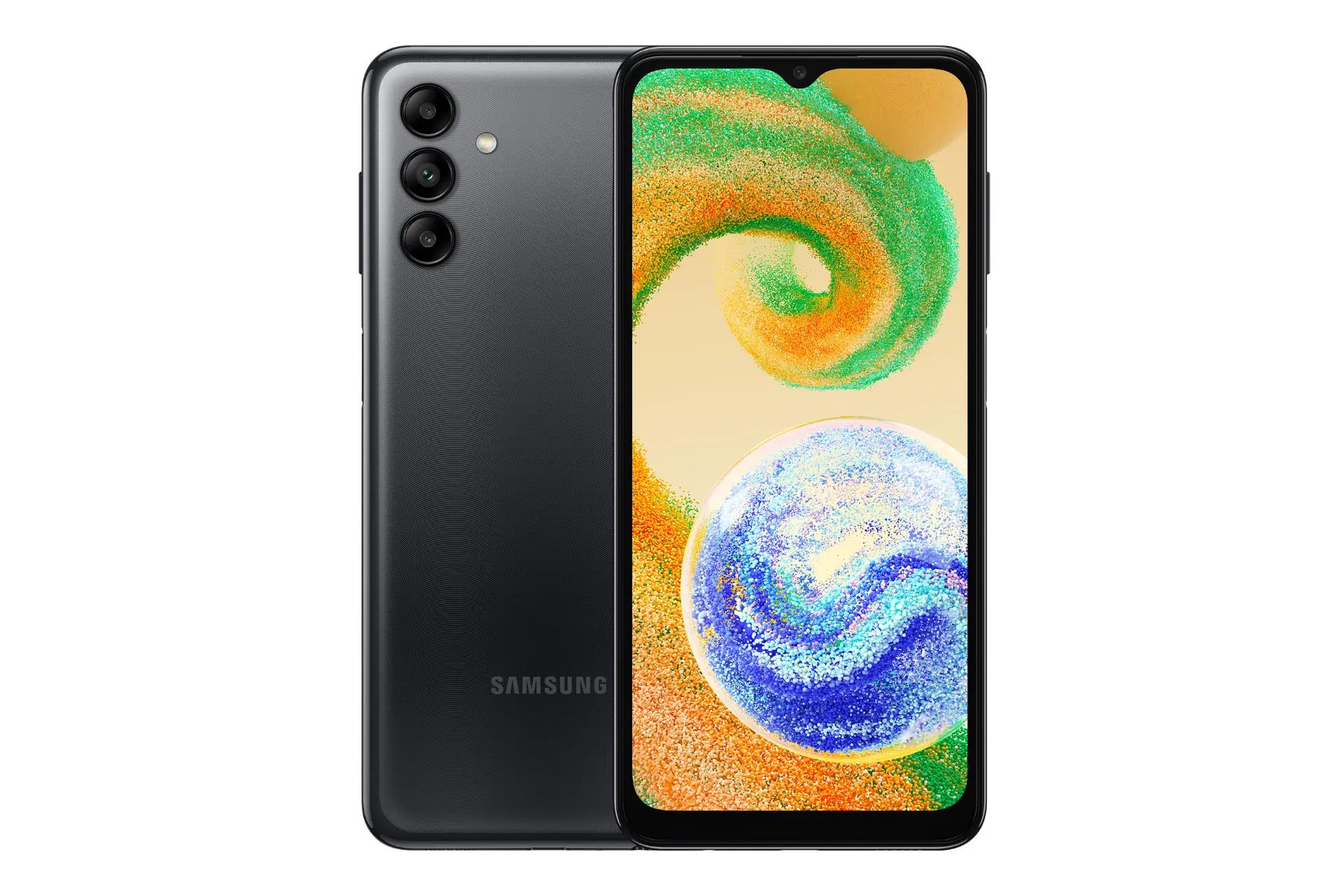 نمای کلی گوشی موبایل گلکسی A04s سامسونگ / Samsung Galaxy A04s با نمایشگر روشن و نمایش لوگو و دوربین پشت رنگ مشکی
